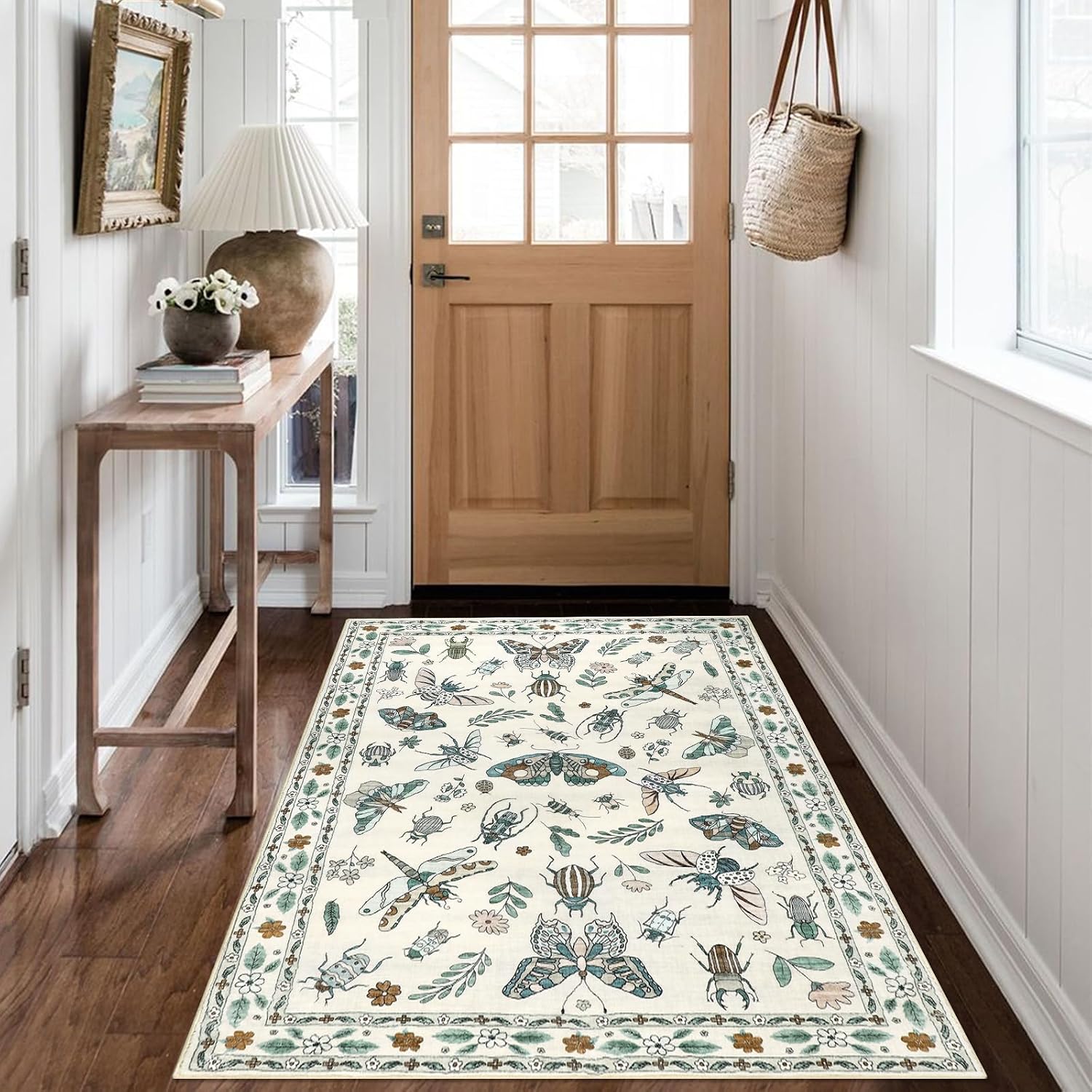 famibay Insect Botanical 3x5 Rug Washable Soft Foyer Rugs for Entryway Non Slip Carpet Rug for Entryway Bedroom Bathroom Laundry Living Room (Beige)