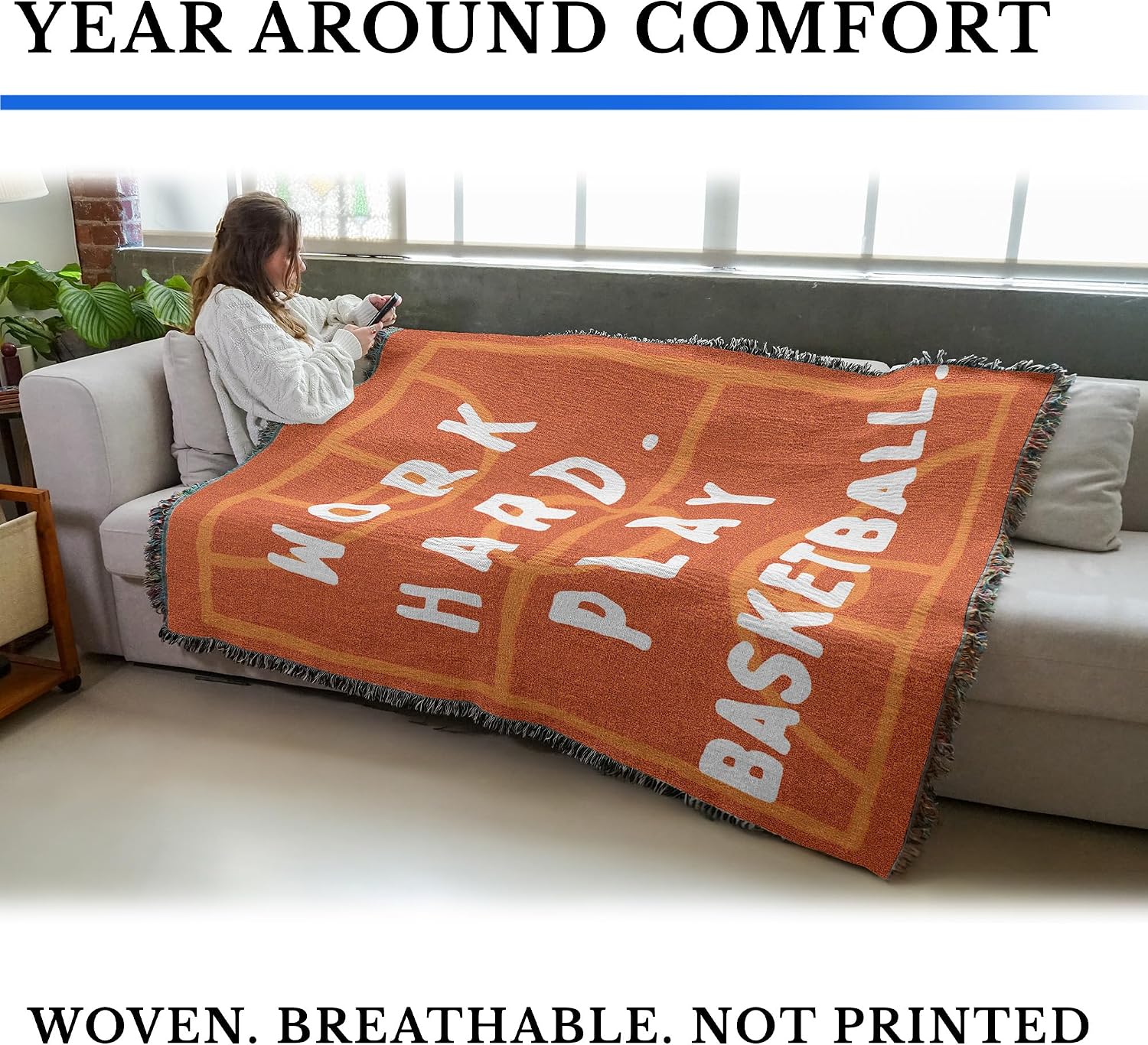 Pure Country Weavers Work Hard Play Basketball - Gift Sports Tapestry Throw Blanket Woven from Cotton - Made in The USA (72x54)