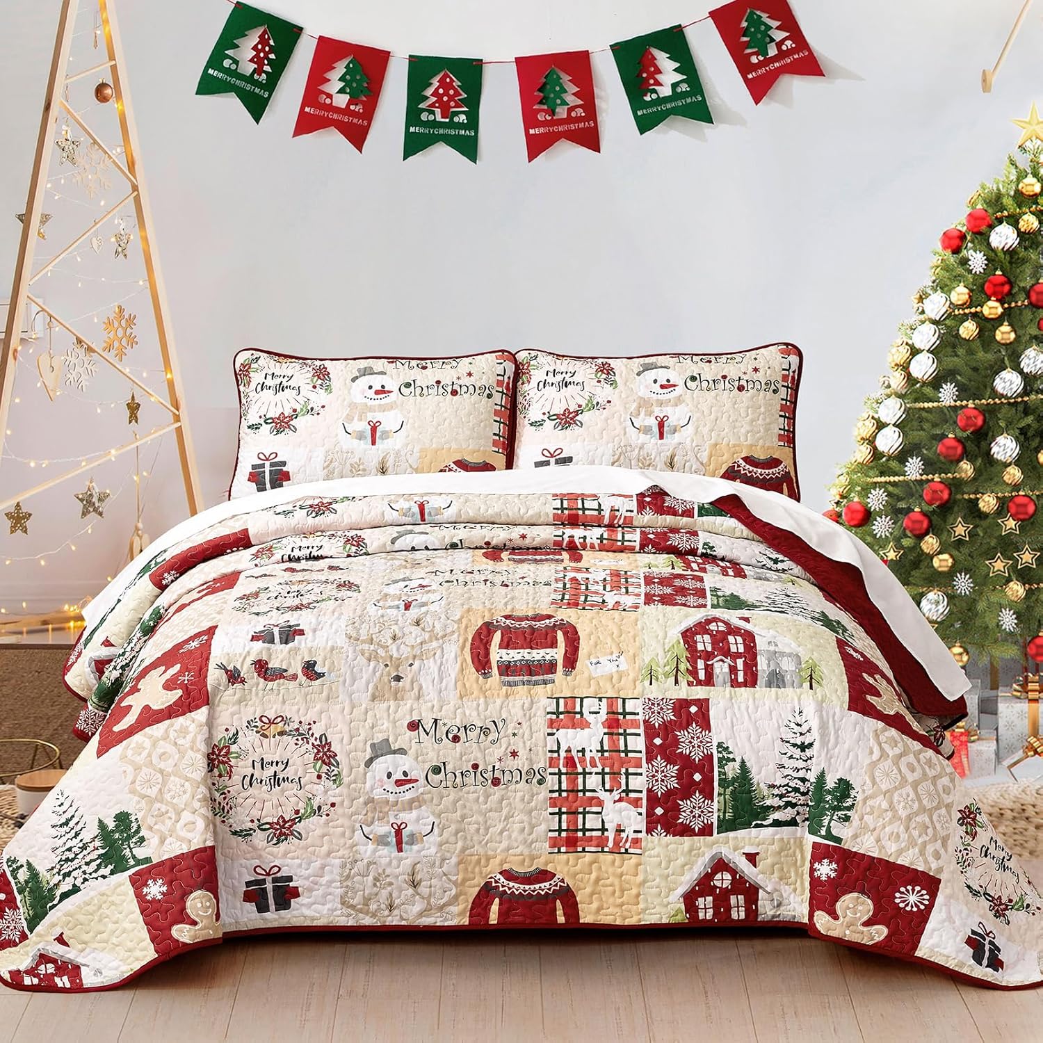 Yiran Christmas Quilt Set King Rustic Christmas Tree and Snowman Pattern Printed