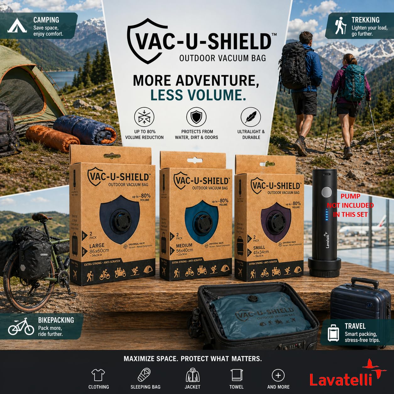 Vac-U-Shield Set 6 Sacchetti Sottovuoto Viaggio Outdoor 3 Misure S M L | 3 misure S M L in tessuto anti-graffio, valvola universale, compressione a mano o con pompa sottovuoto, lunga durata