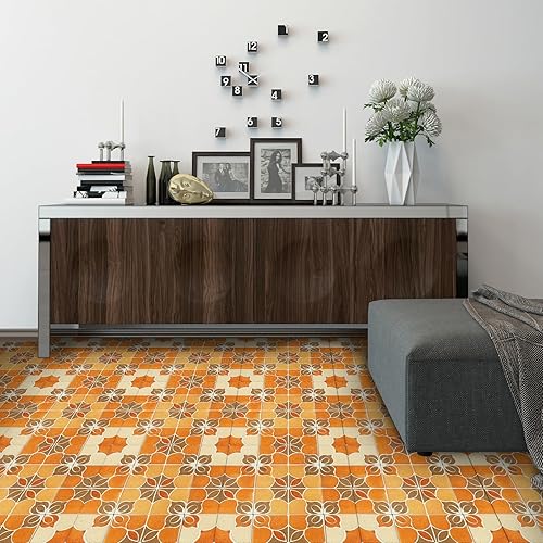 Miniatura 5 de IVN 10 azulejos de suelo de 12 x 12 pulgadas con diseño geométrico floral retro marrón naranja y marrón, despegar y pegar, autoadhesivas,