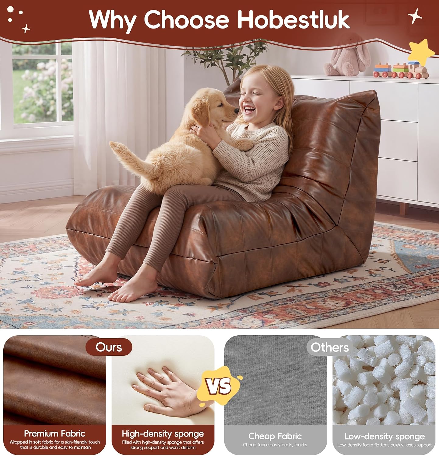 Hobestluk Bean Bag Chair for Kids Toddler Bean Bag Chair with Memory Foam Filler Leather Beanbag with Spacious Design Bean Bag Couch for Reading Gaming Relaxing (Brown, Small)