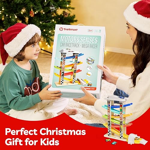 Miniatura 9 de TOP Bright Rampa de madera para autos de pista de carreras para niños pequeños de 1 a 3 años con 6 mini autos, 1 garaje para automóviles y puentes