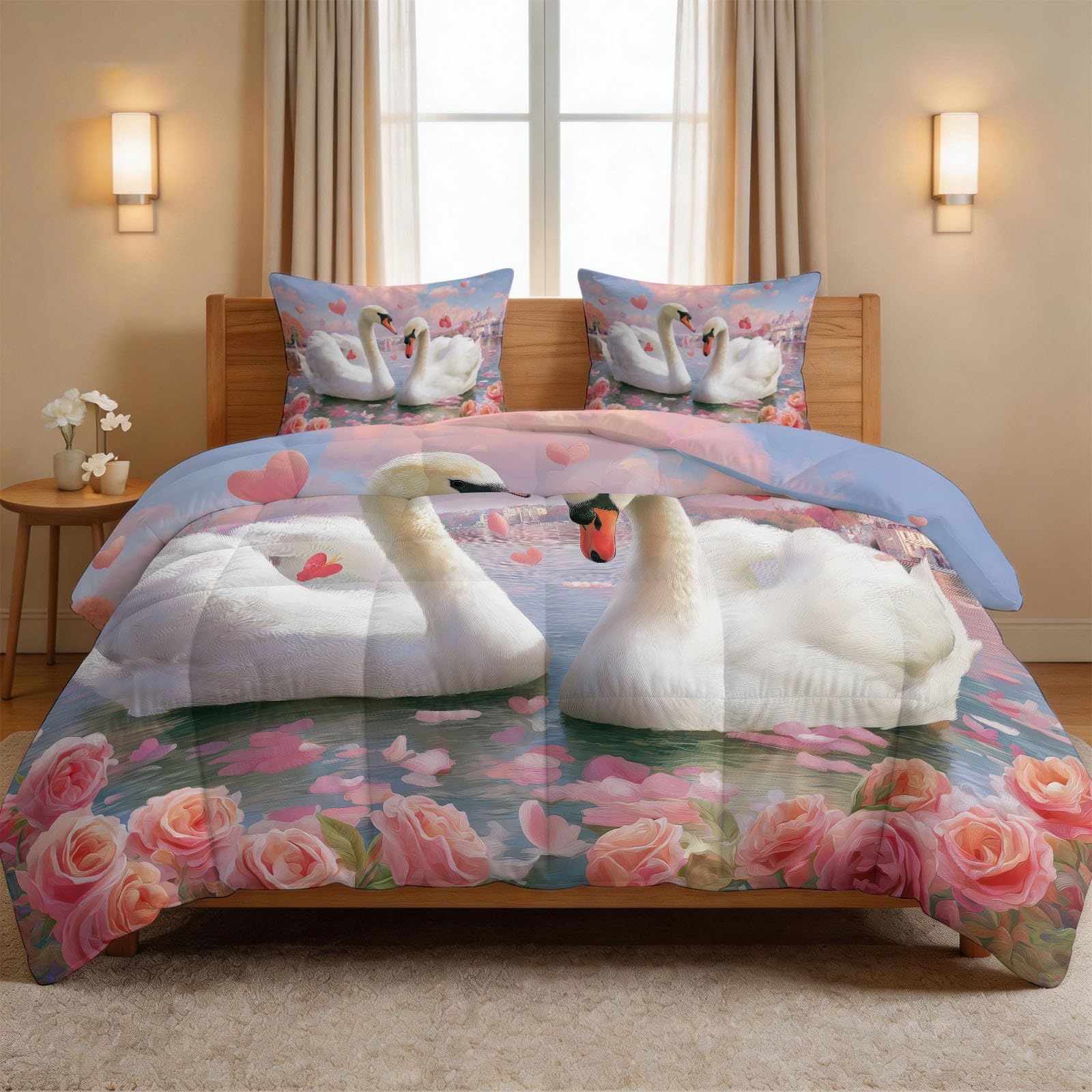 Couette imprimée 140x200 cm cygne rose 4 saisons avec ses 2 taies d'oreiller