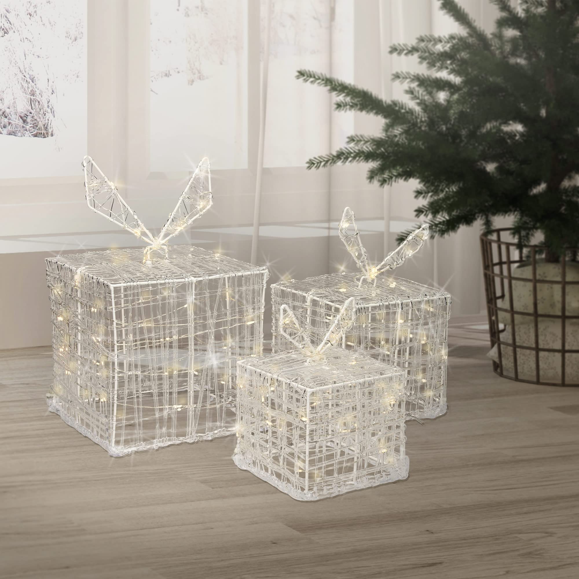 ECD Germany Set di 3 Scatole Regalo Luminose con 90 LED Bianco Caldo Decorazione Natalizia Pacchi Decorativi per Albero di Natale IP44 Impermeabile Argento da Interno/Esterno Matrimoni Feste Cortile