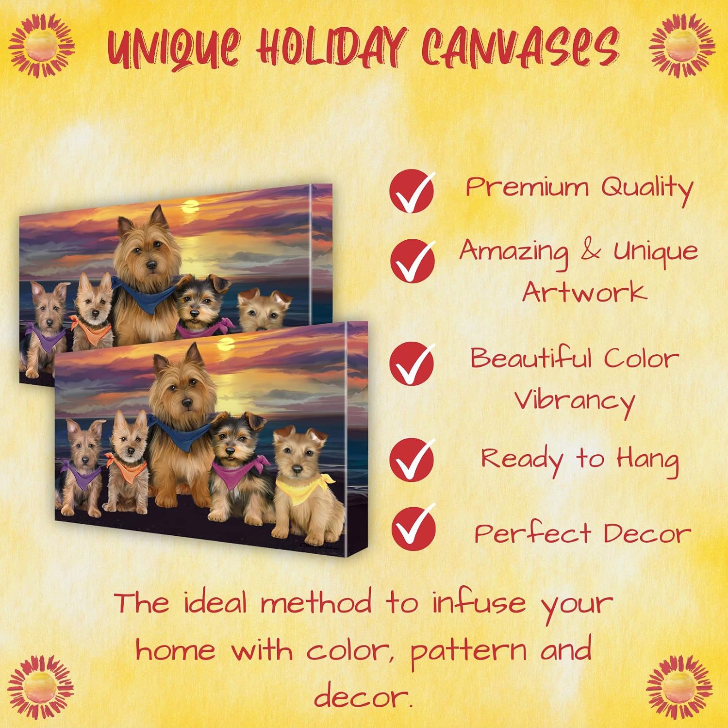 Doggie of the Day Family Sunset with Australian Terrier Dogs Canvas Wall Art - Premium Quality Ready to Hang Room Decor - Flat Rolled 11" x 14"