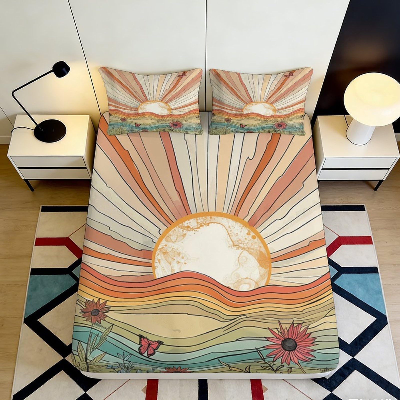 3D Printed Sunrise Landscape Fitted Sheet Microfiber Soft Breathable Sunset Floral Mattress Cover Bedroom Decor 90x200x25cm