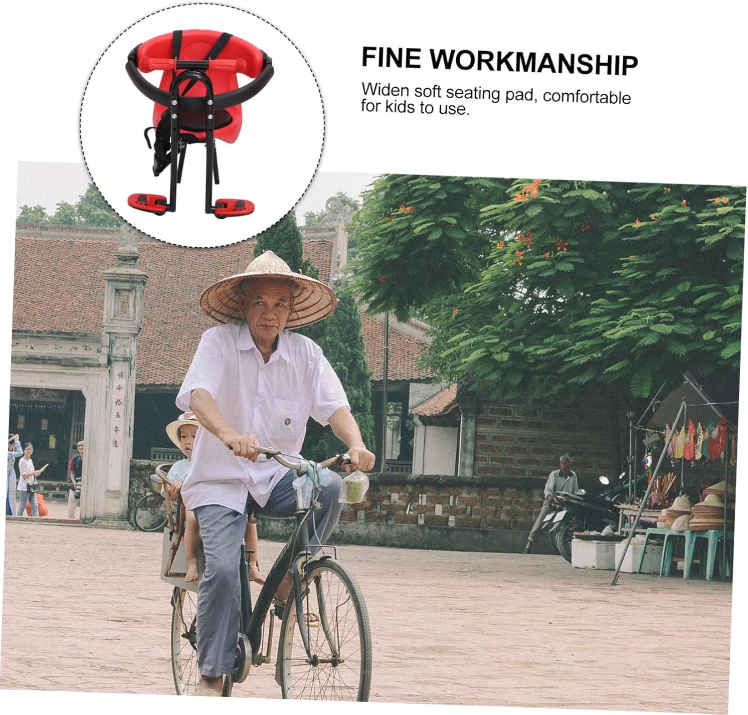 Adjustable Bike Seat with Quick Dismounting Safety Handrail Foldable Pedals and Thick Back Support for Ages to Comfortable Red Front Mounted Seat for Foldable and Road Random Color