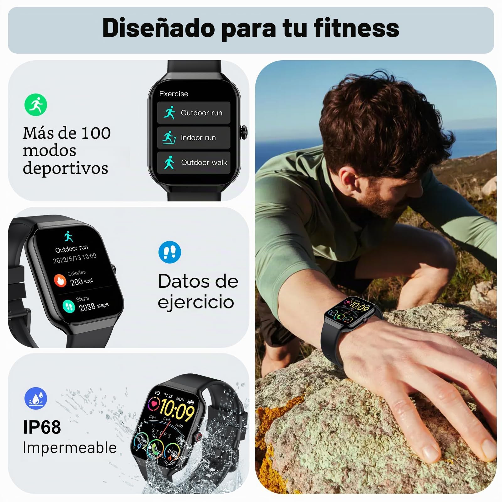 Reloj Inteligente Hombre Mujer, 1,96" Smartwatch Llamadas Bluetooth, Podómetro/Pulsómetro/Monitor de Sueño/SpO2, Impermeable IP68, Reloj Deportivo 112+ Modos Deportivos, Smart Watch para Android iOS