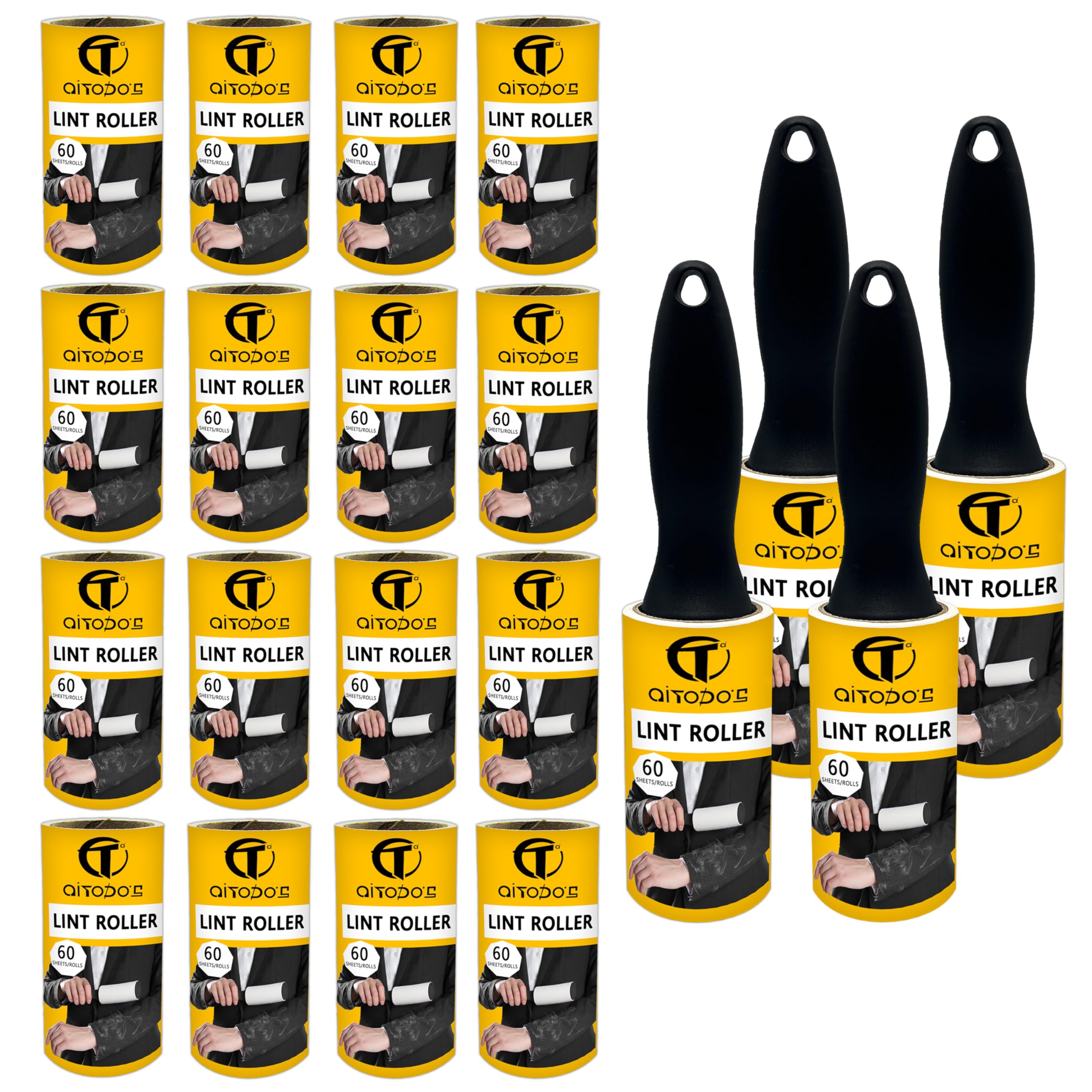 AiTodos® 1200 Rullo Adesivo Peli - 20 Rotoli + 4 Manico Rullo Levapelucchi, Per Rimuovere i Peli da Vestiti, Divani, Peli di Gatto, Peli di Cane e Tappeti (60 Fogli/Rotoli), Rullo peli Animali