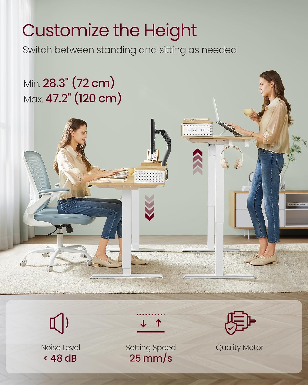 Two women demonstrating the adjustable height feature of the standing desk, one sitting and one standing.