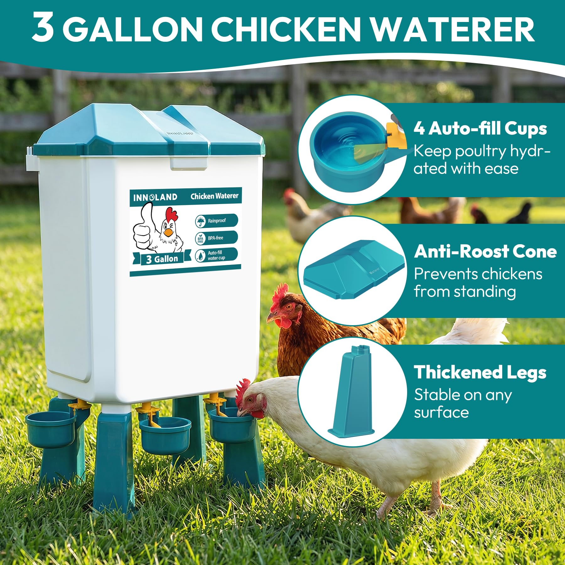 Futterautomat Hühner und Hühnertränke – 12 kg/11 L | Wassertränke Hühner mit 4 Bechern & 3 Futteröffnungen, Keine Verschwendung, Geflügeltränke, Hühnerzubehör für Enten/Geflügel