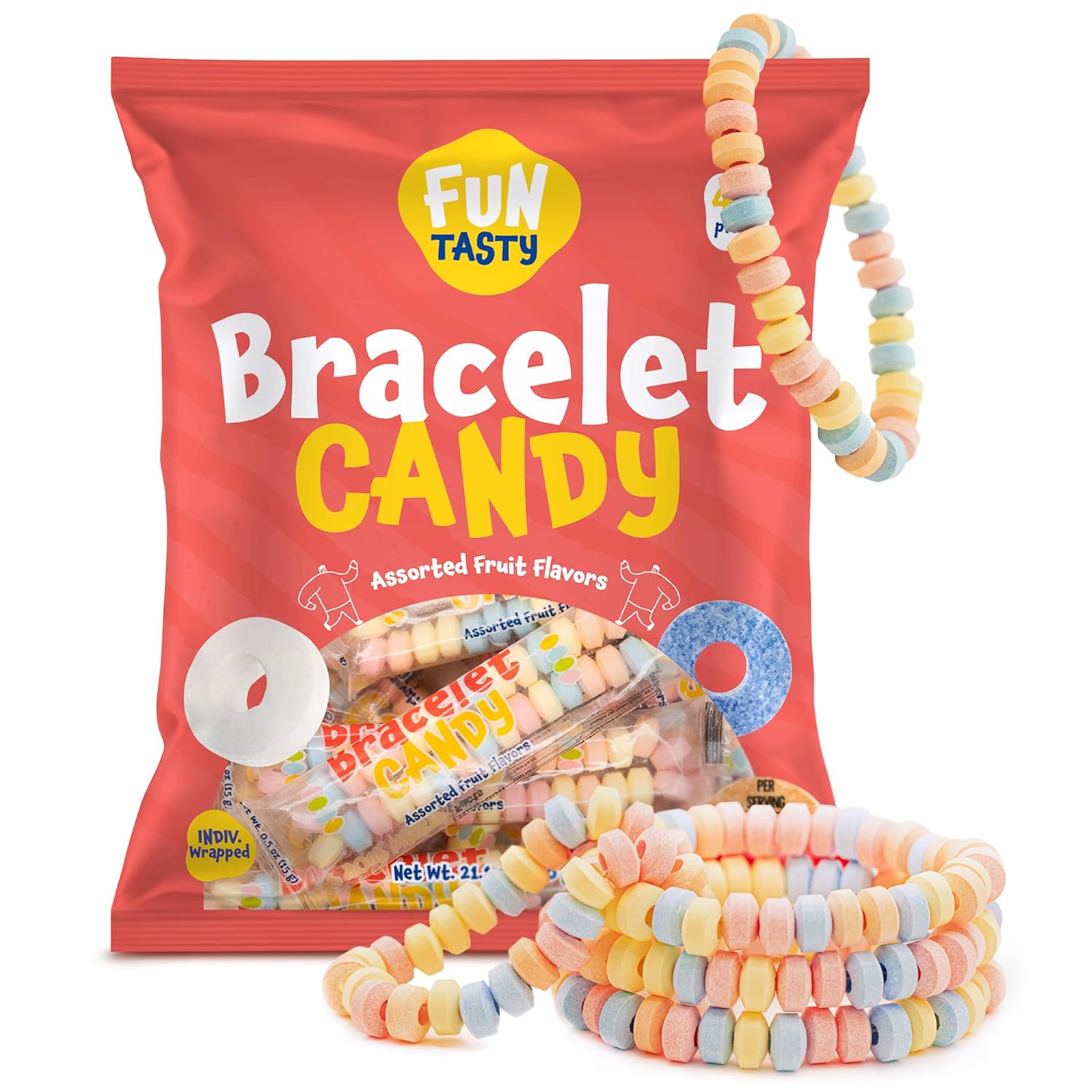 Funtasty Candy Bracelets - 21 Ounce Bag (40 Count) - Fruit Flavors - Individually Wrapped - Stretchable Jewelry for Party Favors, Goody Bags, and Kids' Celebrations (Pack of 2)