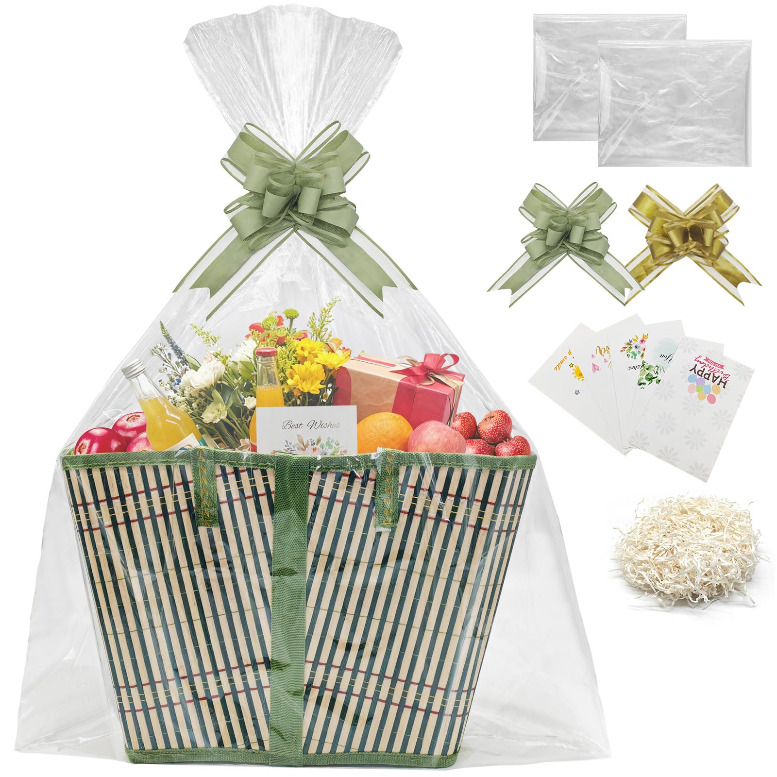 1Set Empty Hamper Basket Gift Baskets Woven Bamboo Basket with Bags, Pull Bows and Shredded Paper Gift Basket Hamper Kit for Birthday,Housewarming (Green strip)