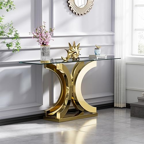 Miniatura 22 de Mesa consola de cristal dorado de lujo moderna de 55 pulgadas, mesa de entrada delgada con base de acero inoxidable brillante con espejo Consola