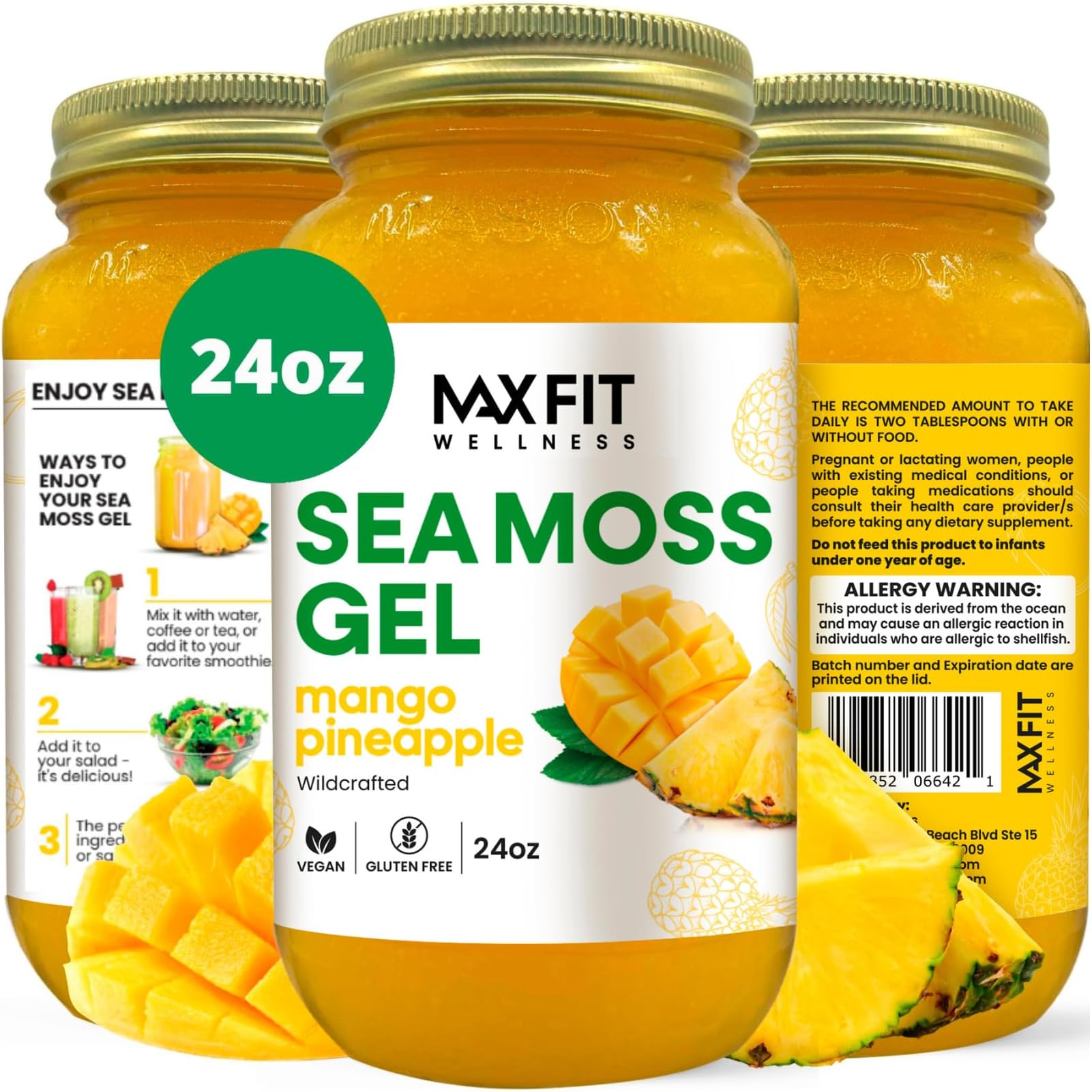 Sea Moss Gel Organic Raw (12 Flavors) 24oz Wildсrafted Gold Sea Moss Gel from Saint Lucia | 92 Vitamins and Minerals | Pure Raw+Non-GMO | Vegan Superfood