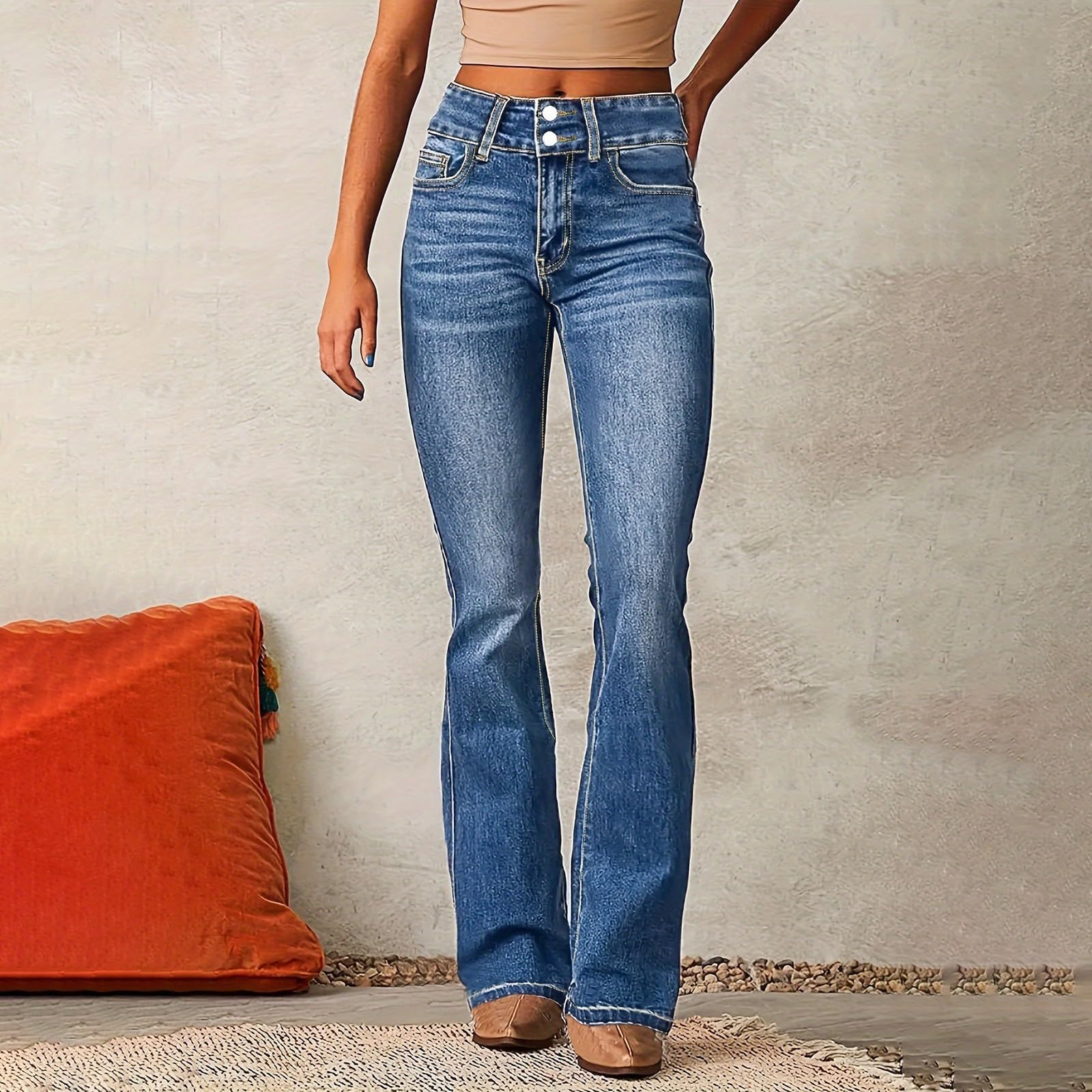 Generisch Jeans da donna, taglio a vita media, pantaloni a zampa, stile retrò, streetwear, jeans da donna, jeans elasticizzati, jeans a percussione, eleganti e versatili, per il tempo libero