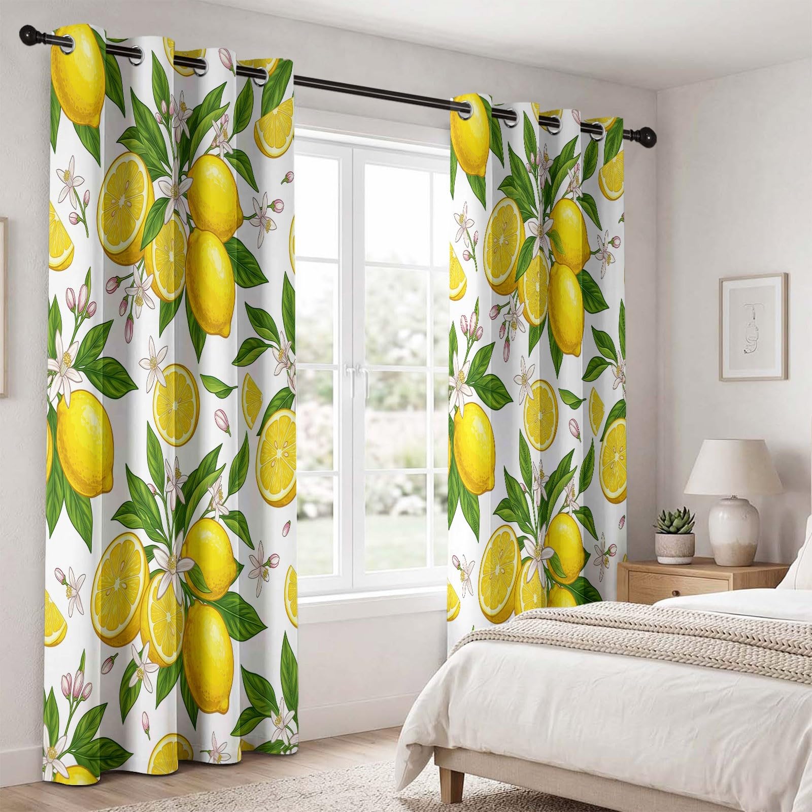 Generisch Verdunkelungsvorhänge mit Aquarell Früchte Zitrone Blumen Blätter Print, Cartoon Natur Vorhänge für Wohnzimmer Schlafzimmer, Schalldicht Wärmeisolierend Gelb Vorhang, H140 x B90 cm x 2
