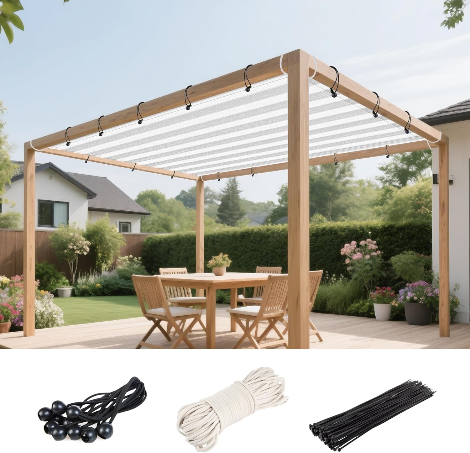 20' x 30' Sun Shade Sail Straight Edge Sun Shade Canopy with Grommets Sunlight Block Shade Cover for Outdoor Pergola Patio Backyard Garden (Gray White Strip)