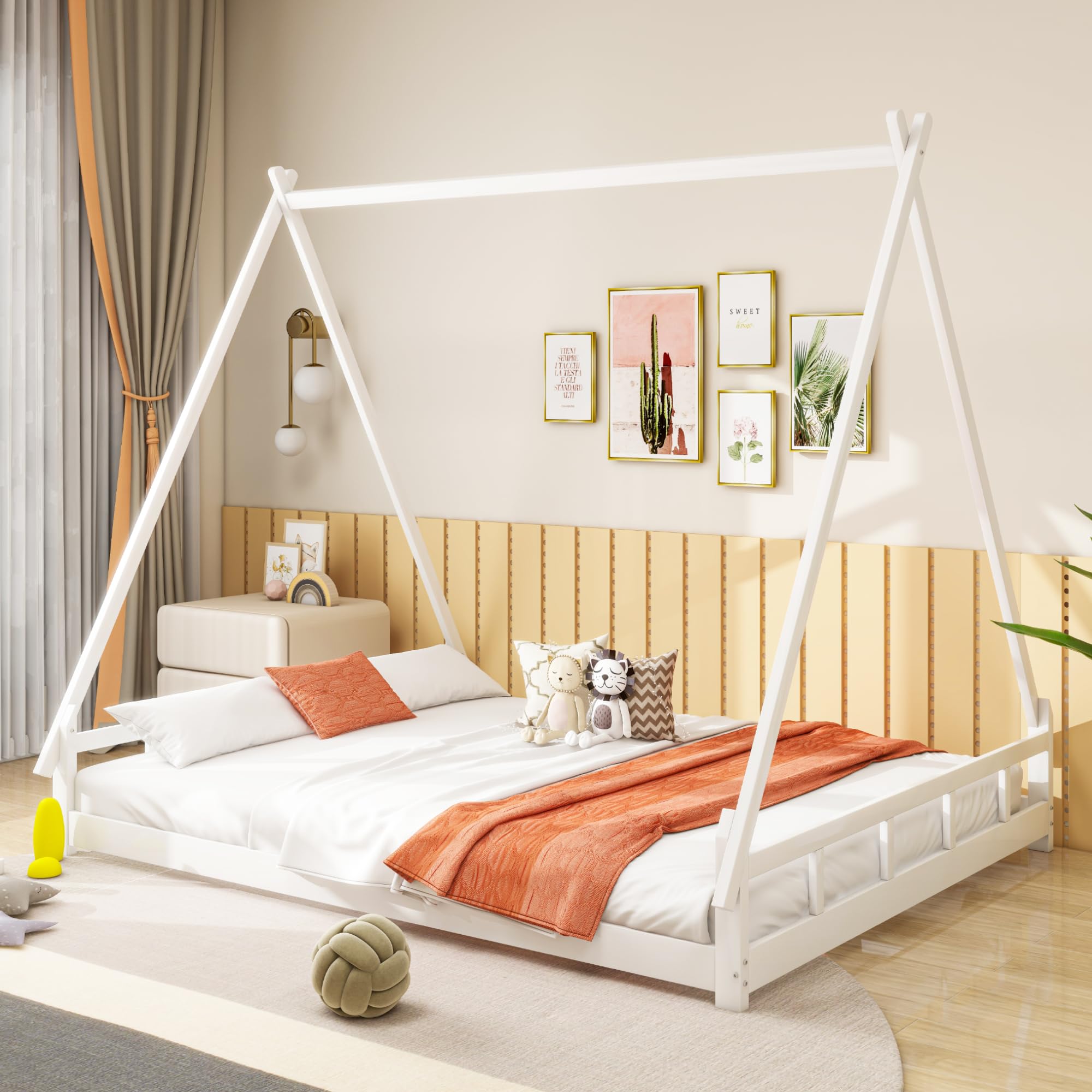 Kinderbett Tipi 140x200 cm Doppelbett Eltern-Kind-Bett mit Lattenrost, Indianer Bett aus Massivholz für Mädchen & Jungen, Hausbett Kinderhaus Jugendbett Spielbett Zelt Bett, ohne Matratze, Weiß Küche, Haushalt & Wohnen
