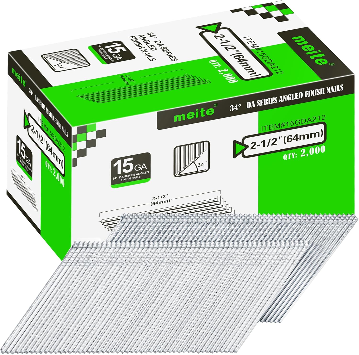 meite 15 Gauge 34° Angled Finish Nails 2-1/2 Inch Galvanized 2,000 Count - Jam-Free for Trim Molding Cabinets DIY