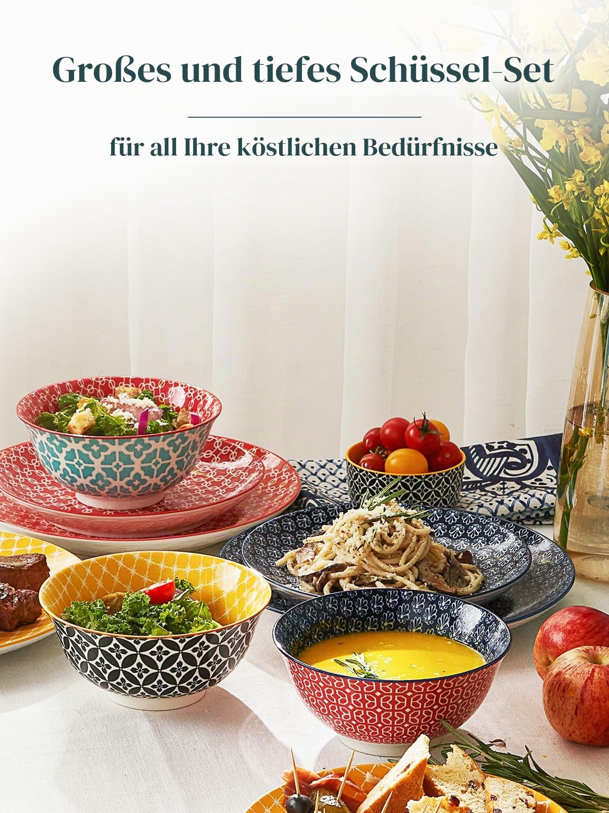 DOWAN Keramik Müslischalen, 945ML Lebhafte Farben Dessertschalen für Thanksgiving und Weihnachten, Großes Suppenschalen-Set für Pasta, Salat, Eis und Haferflocken, Set von 6