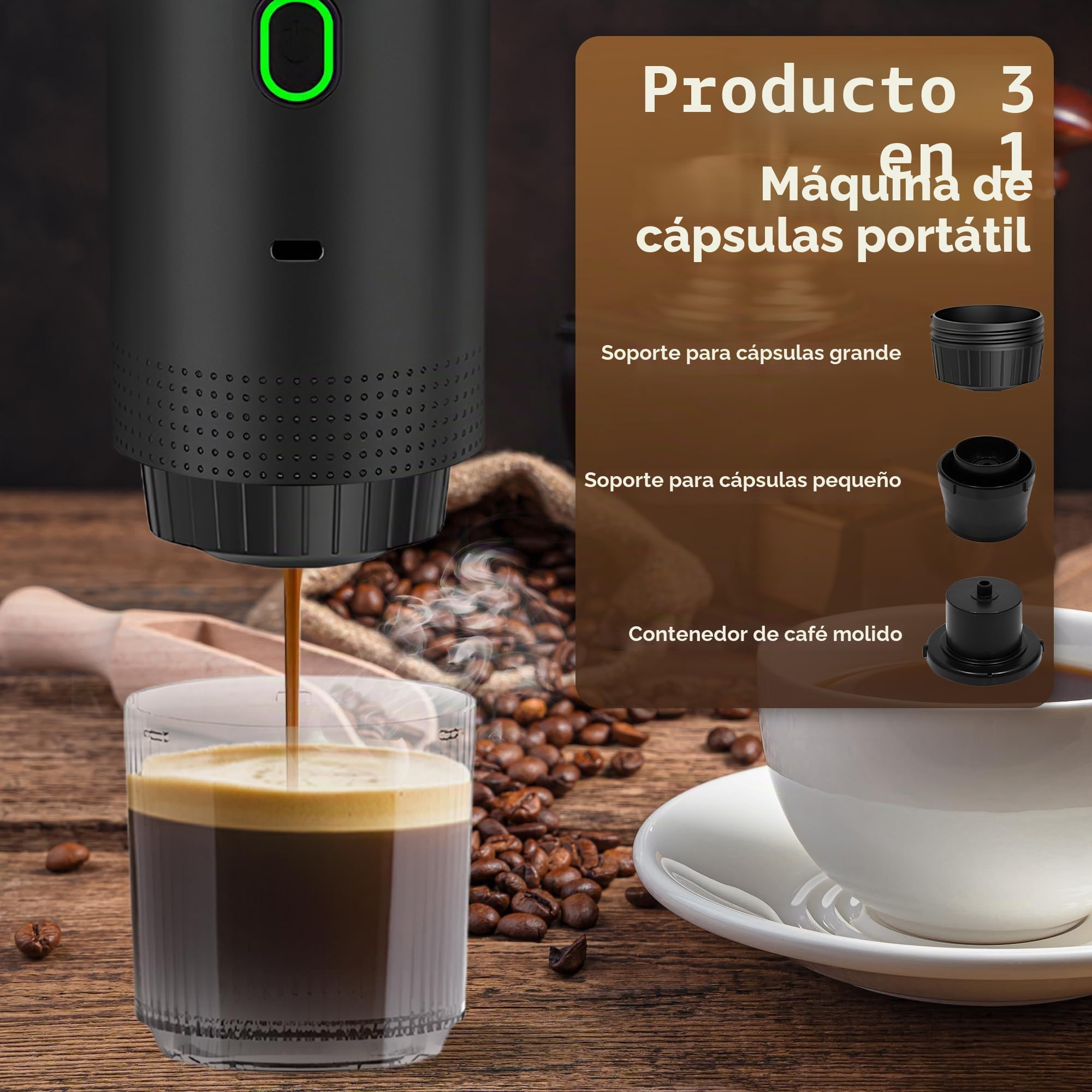 Máquina de Café Portátil, Cafetera Espresso 3 en 1 Eléctrica Portátil Expreso Recargable para Cápsulas Pequeñas o Grandes y Café Molido para Oficina Viaje Camping (Gris)