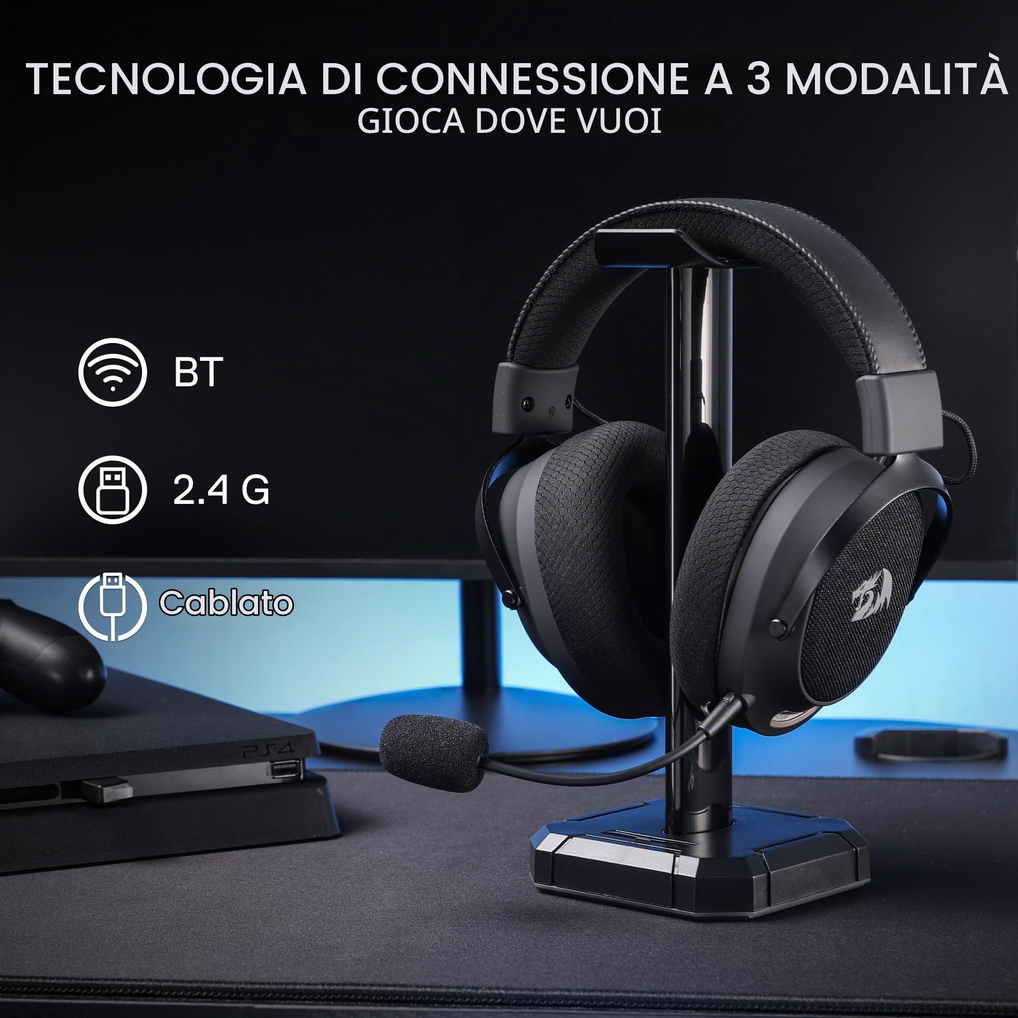 Redragon H858 Cuffie Gaming 3 Modalità Senza Fili 7.1 Surround | Driver da 53 mm, padiglioni in memory foam, microfono rimovibile con cancellazione rumore, cuffie over-ear