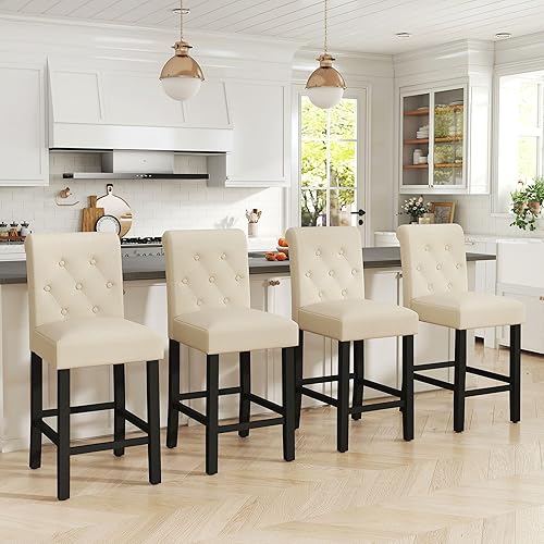 LSSPAID Bar Stools Set of 4, 24 Inch Counter Height Chairs, Upholstered Fabric Padded Kitchen Island Wood Barstools with Button Tufted Backrest and Solid Wood Legs, Beige