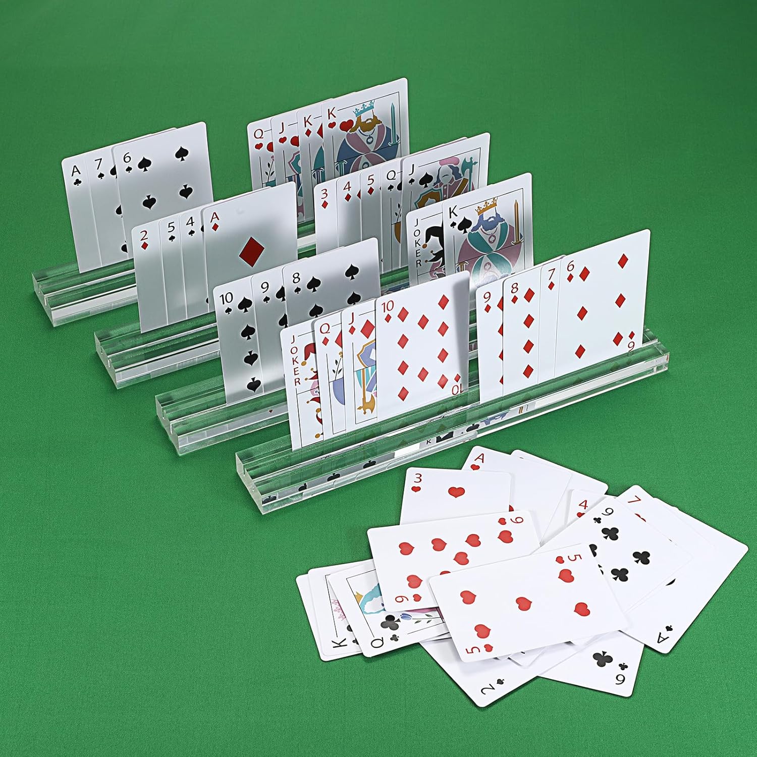 OwnMy Set of 4 Acrylic Playing Card Holders with Dual Grooves, 9.8" Length x 1.4" Width Clear Playing Card Decks Card Stands with 2 Slots, Acrylic Game Card Racks Organizer Accessories for Seniors