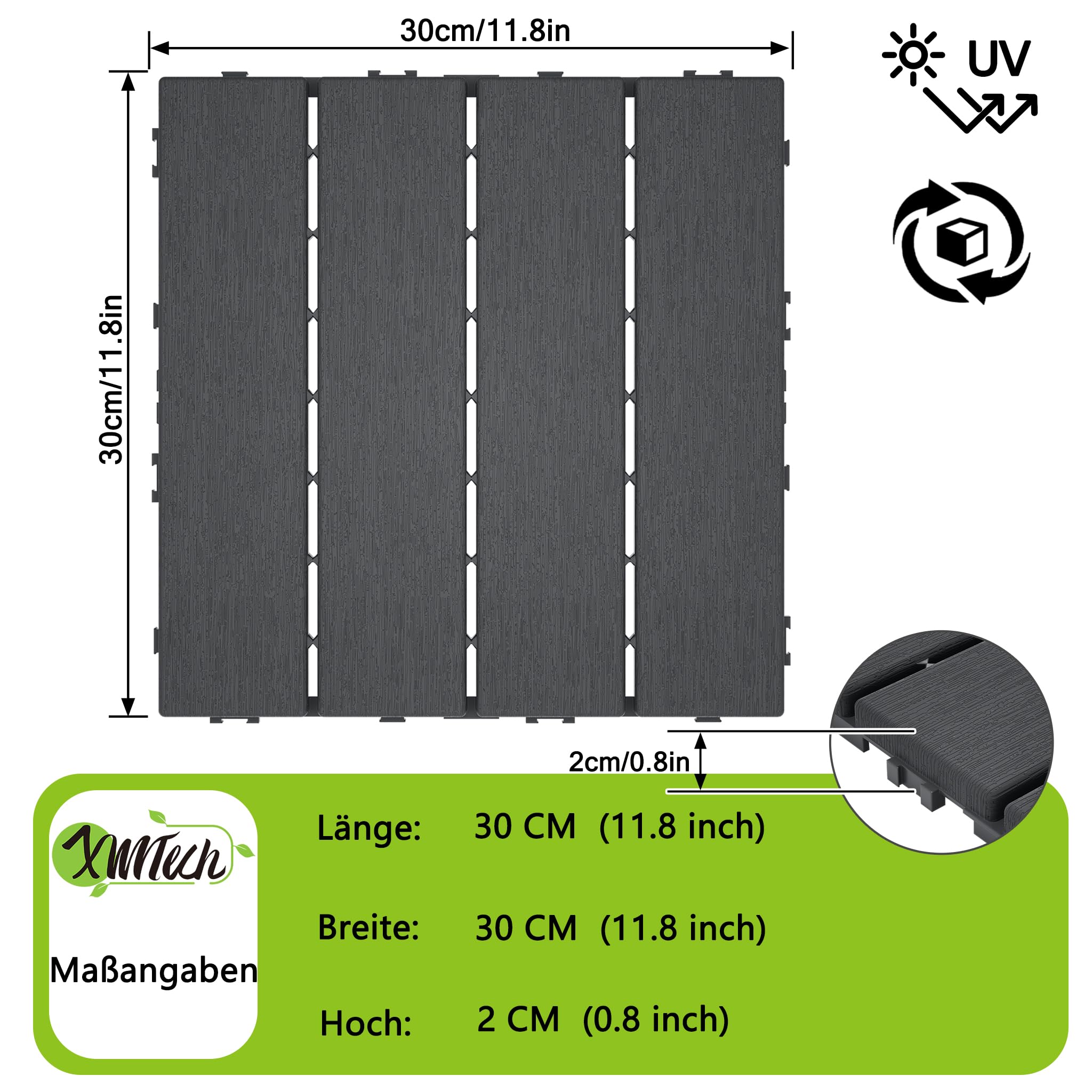 XMTECH Klickfliesen 30x30cm Terrassenfliesen 2m² Anthrazit Typ A PE Fliesen