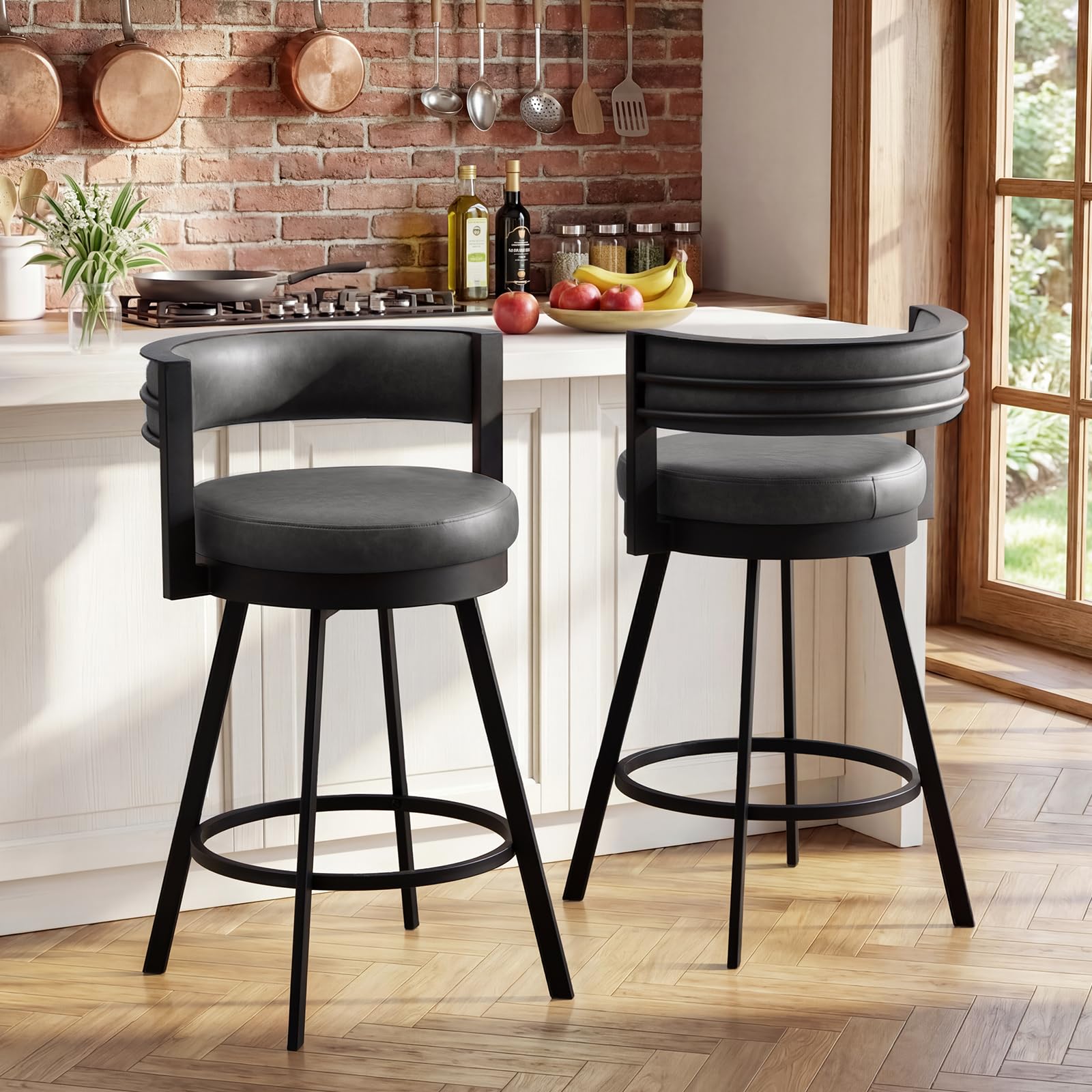 View 1 of ***STOCK PHOTO FOR REFERENCE ONLY CHAIRS ARE WHITE, NOT BLACK AND CLOTH NOT LEATHER****
Flouki Swivel Counter Height Bar Stools Set of 2, 26.6" Faux Leather Countertop Stools, Upholstered Modern Barstools with Back and Metal Base for Kitchen Island, Dinin