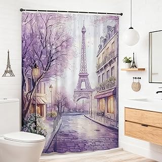 French Eiffel Tower Shower Curtain Paris City Street Landscape Purple Floral European Rustic Wild Flower Modern Nature Romantic Scenery Oil Painting Plants Decorative Curtain with Polyester Fabric