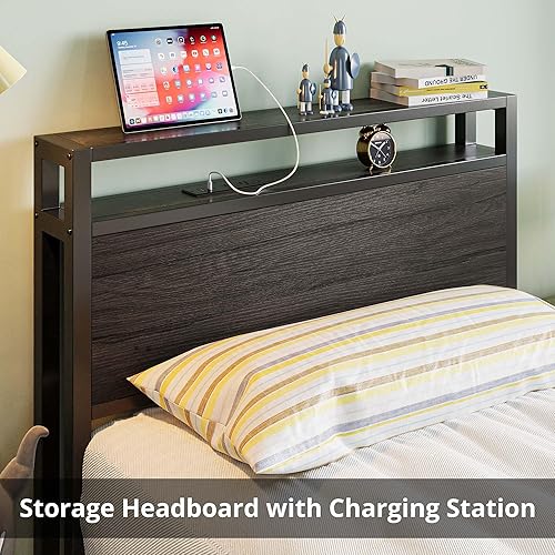 Miniatura 13 de LIKIMIO Base de cama individual con cajón, cabecera de almacenamiento con tomas, no necesita somier, fácil montaje, marrón oscuro Marrón oscuro,Gris