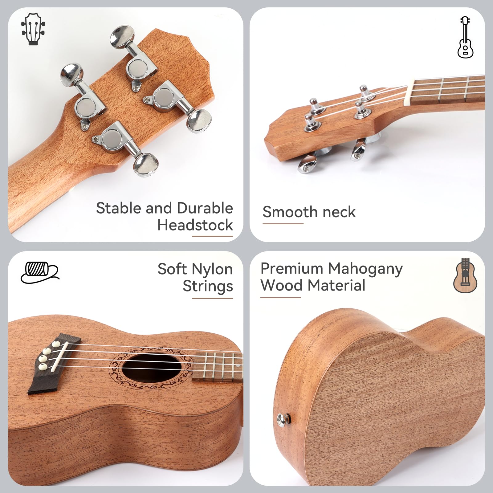Ukulélé Concert pour Adultes & Enfants - Ukulélé Professionnel 23" en Acajou, Son Premium, Design Élégant & Nécessaire de Démarrage Complet (Housse, Sangle, Médiators, Cordes)