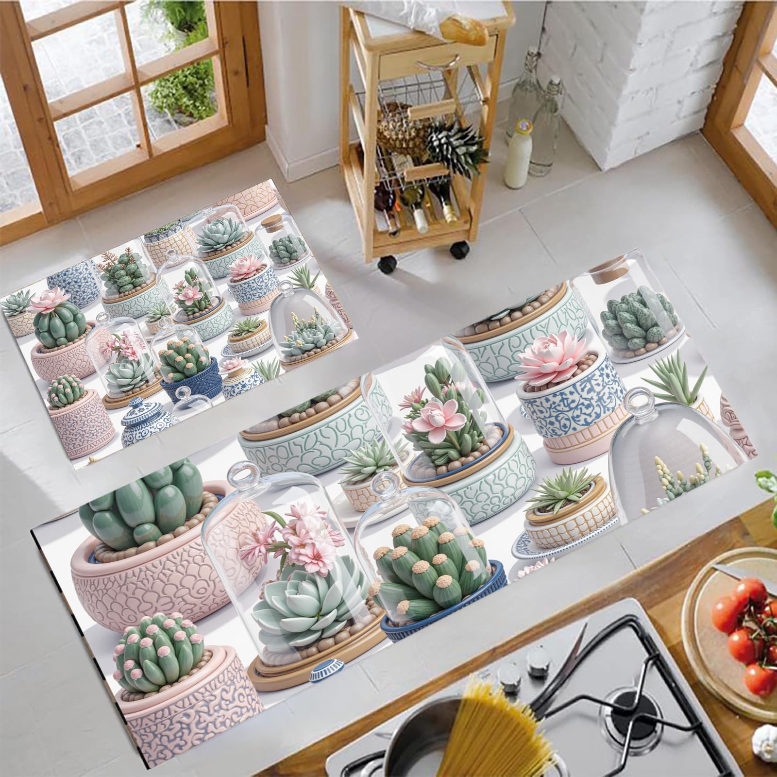 Tapis de cuisine antidérapants lot de 2 absorbants et sécurisés rose clair cactus