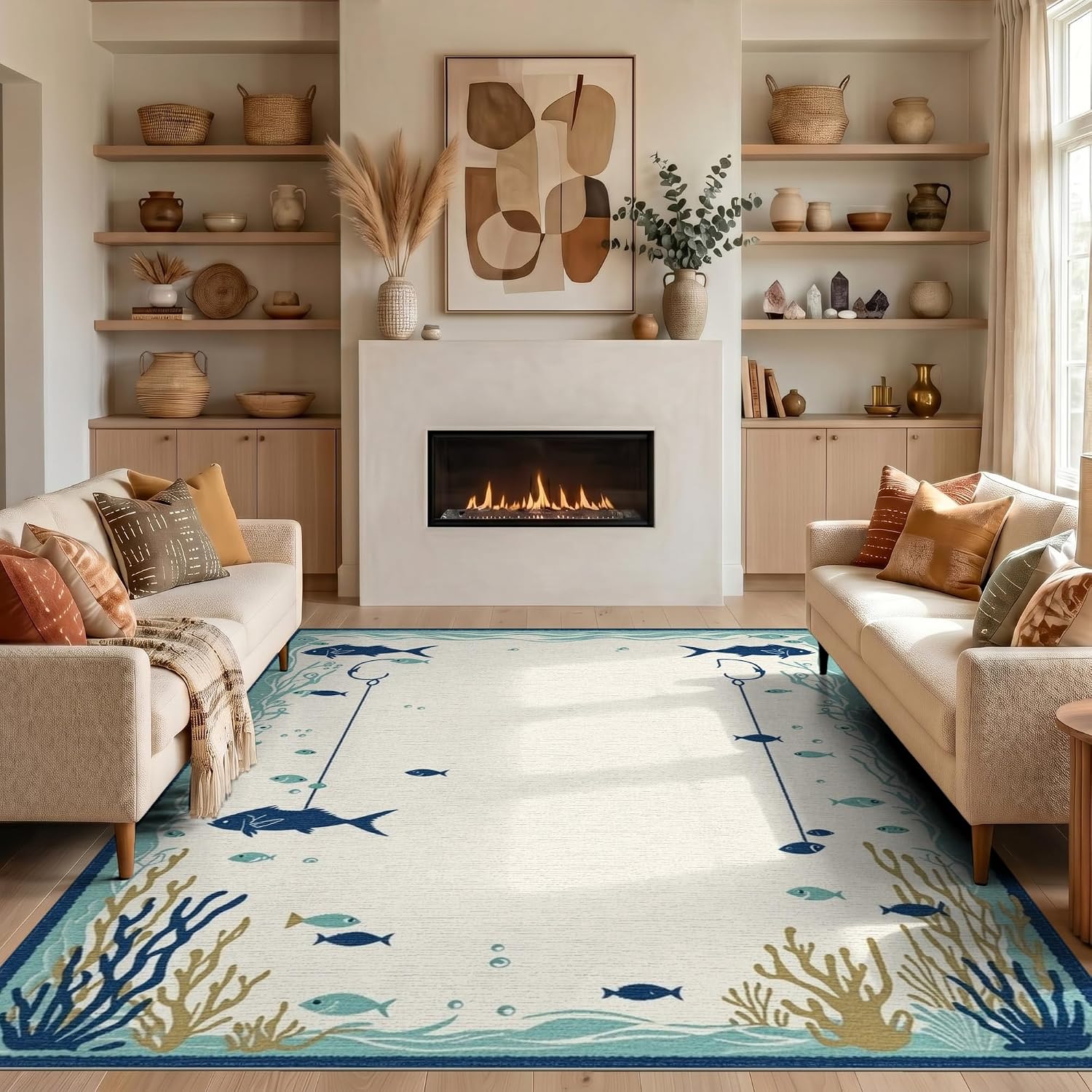 4'x6' Washable Area Rug Fishing Beachy Seaside Badge Lure Hook Oar Motif Ocean Wave Nautical for Home Office, Gaming Room, Under Desk, Non-Slip Chair-Friendly