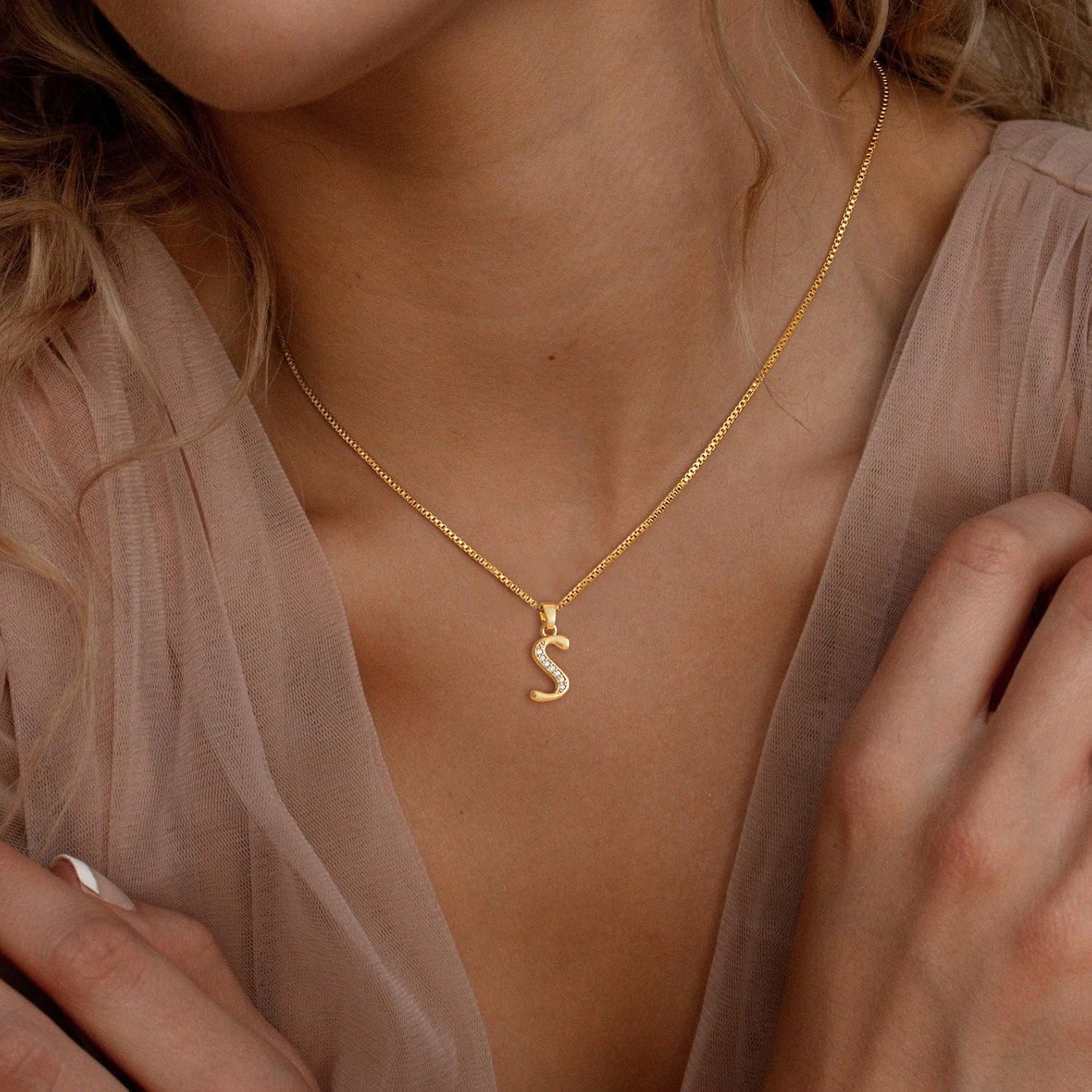 Initial Necklace for Women, 14K Gold Silver Plated Box Chain Letter Pendant, Trendy Name Necklace, Dainty Personalized Jewelry Gift for Her - Image 2