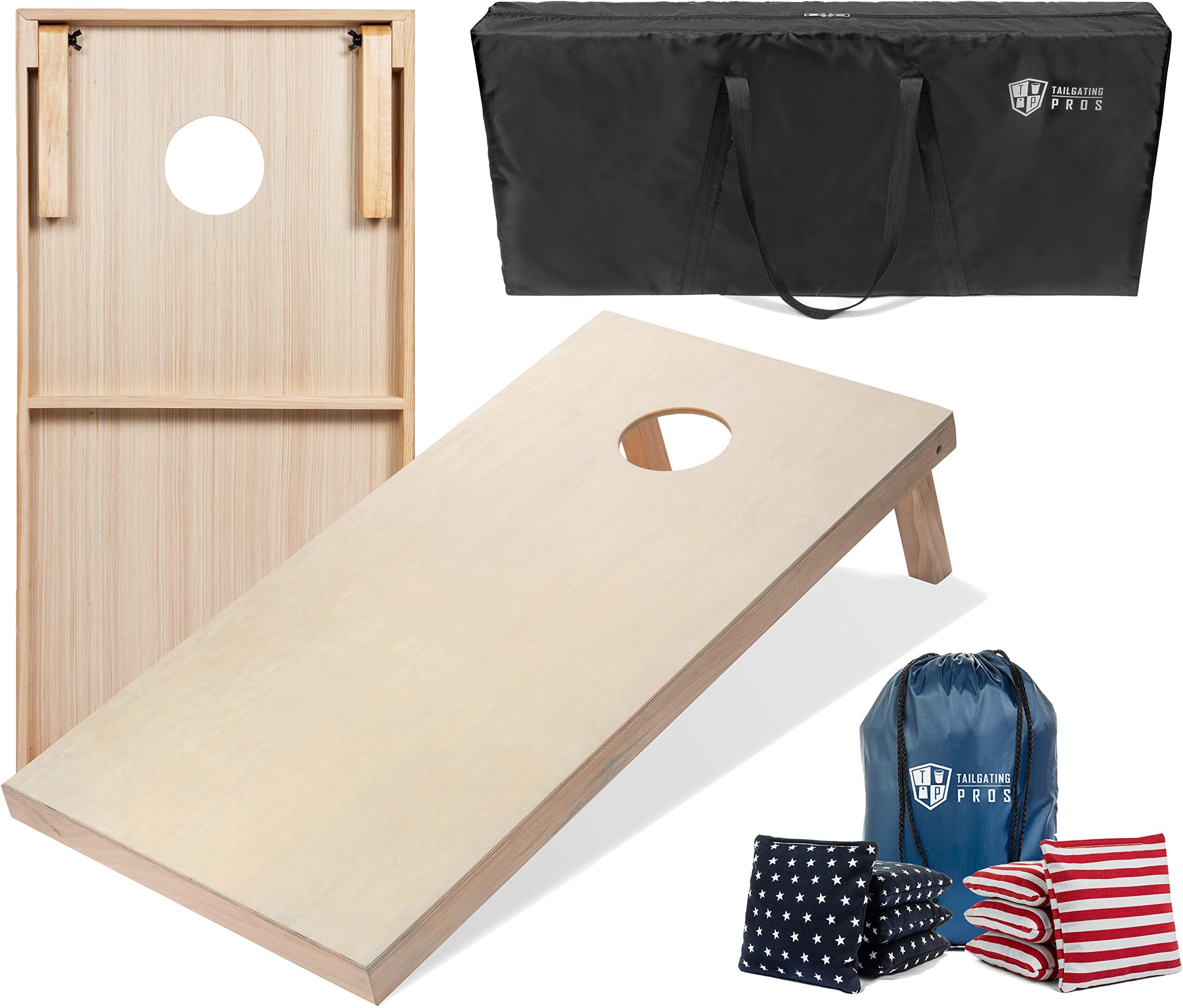 Tailgating Pros Cornhole Boards - 4'x2' & 3'x2' Cornhole Game w/Carrying Case & Set of 8 Corn Hole Bags - 150+ Color Combos! Optional LED Lights
