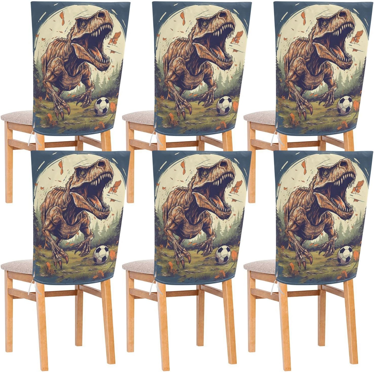 ALAZA Vintage Dinosaur and Football Chair Back Cover Set of 6, Washable Reusable Removable Chair Slipcovers Decorative Chair Cover for Home Kitchen Wedding Party
