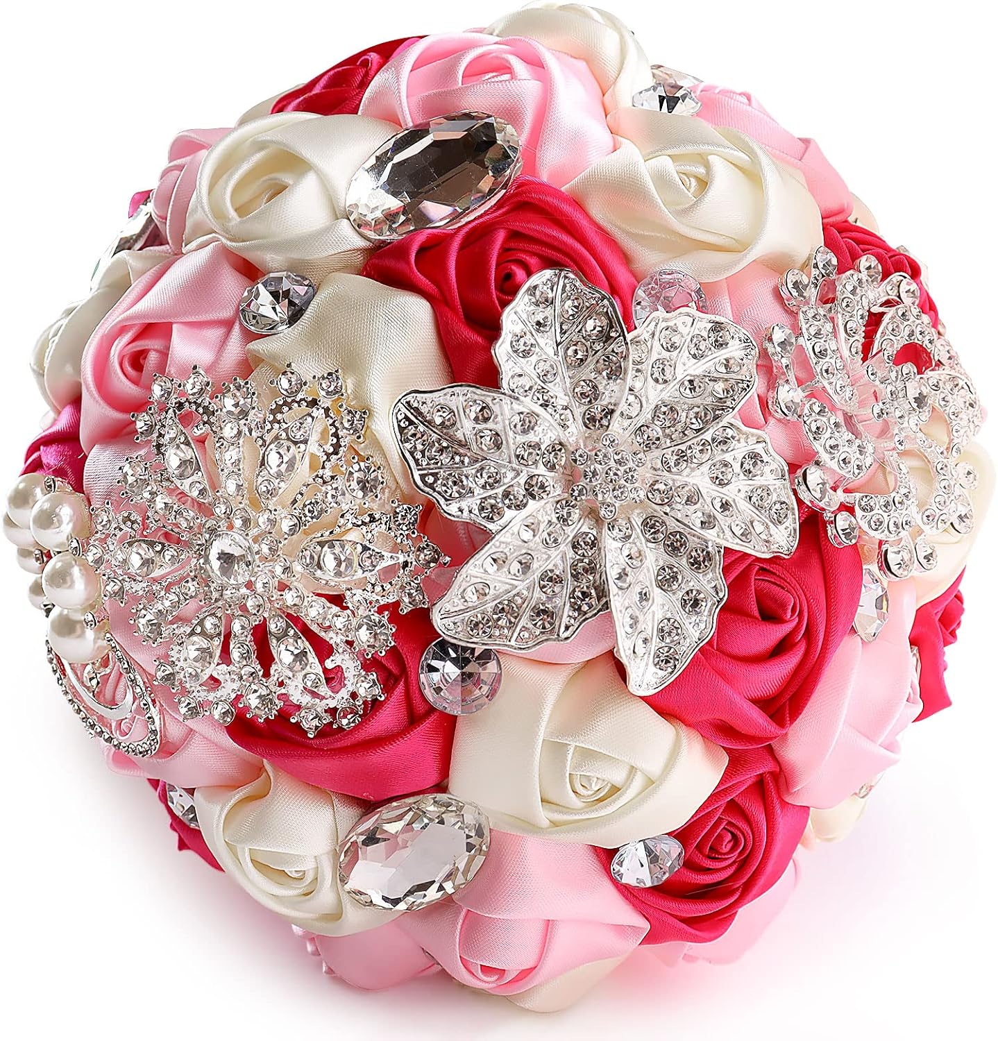 Fouriding Hand Made Diamond Pearl Satin Roses Bridesmaid Bridal Artificial Bouquets Customization Bride Holding Bouquet Wedding for Photo Shooting Valentine's Day - Image 3