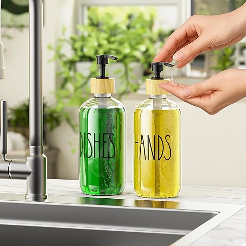 Miniatura 5 de Cisily Juego de dispensador de jabón para platos con 2 botellas de vidrio transparente de 16.9 onzas, dispensadores de jabón para platos, juego de