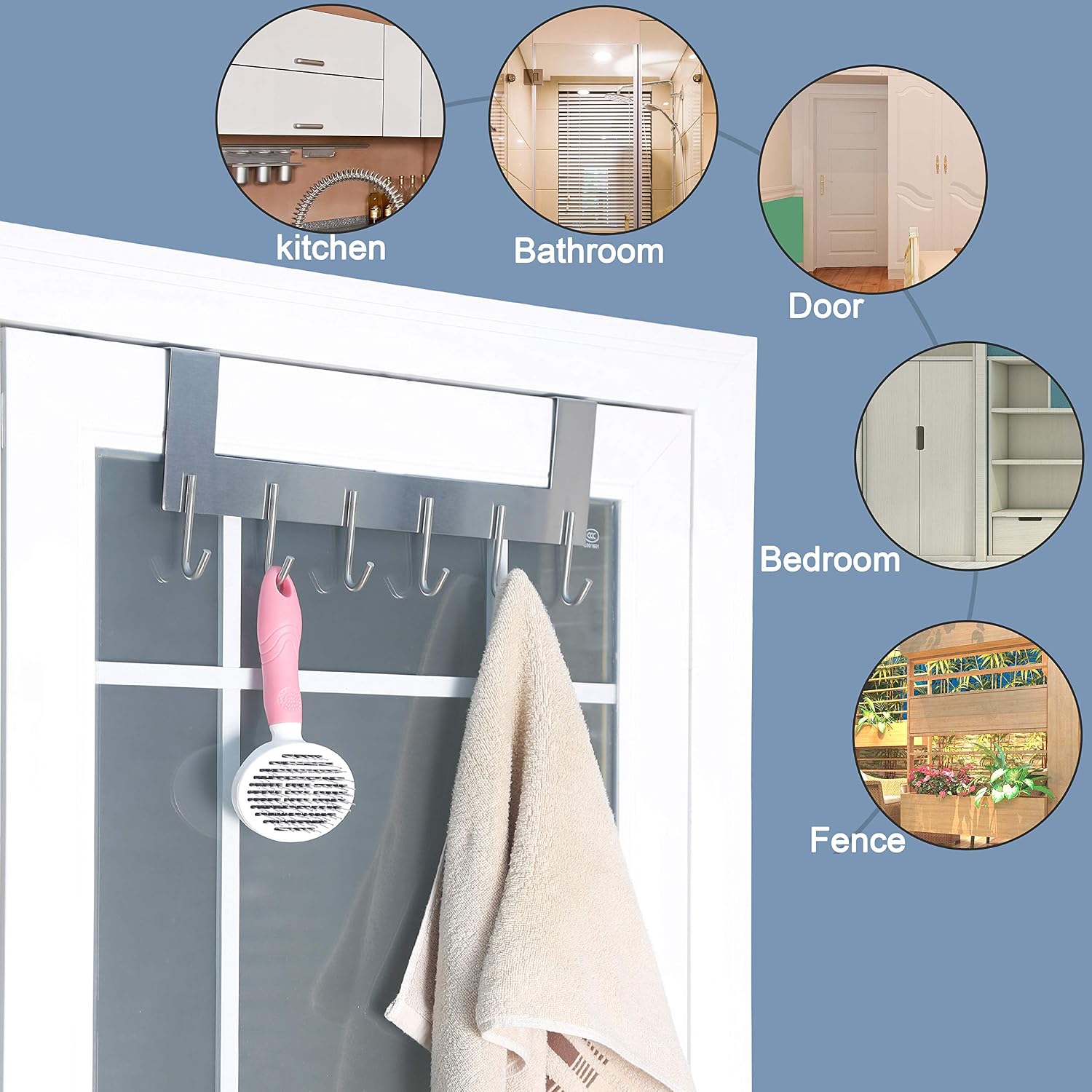 SKOLOO Over The Door Hook - 6 Hooks, Metal Door Rack for Entryway, Over The Door Towel Hook for Bathroom, Brushed Nickel Door Hanger for Coat, Towel, Backpack