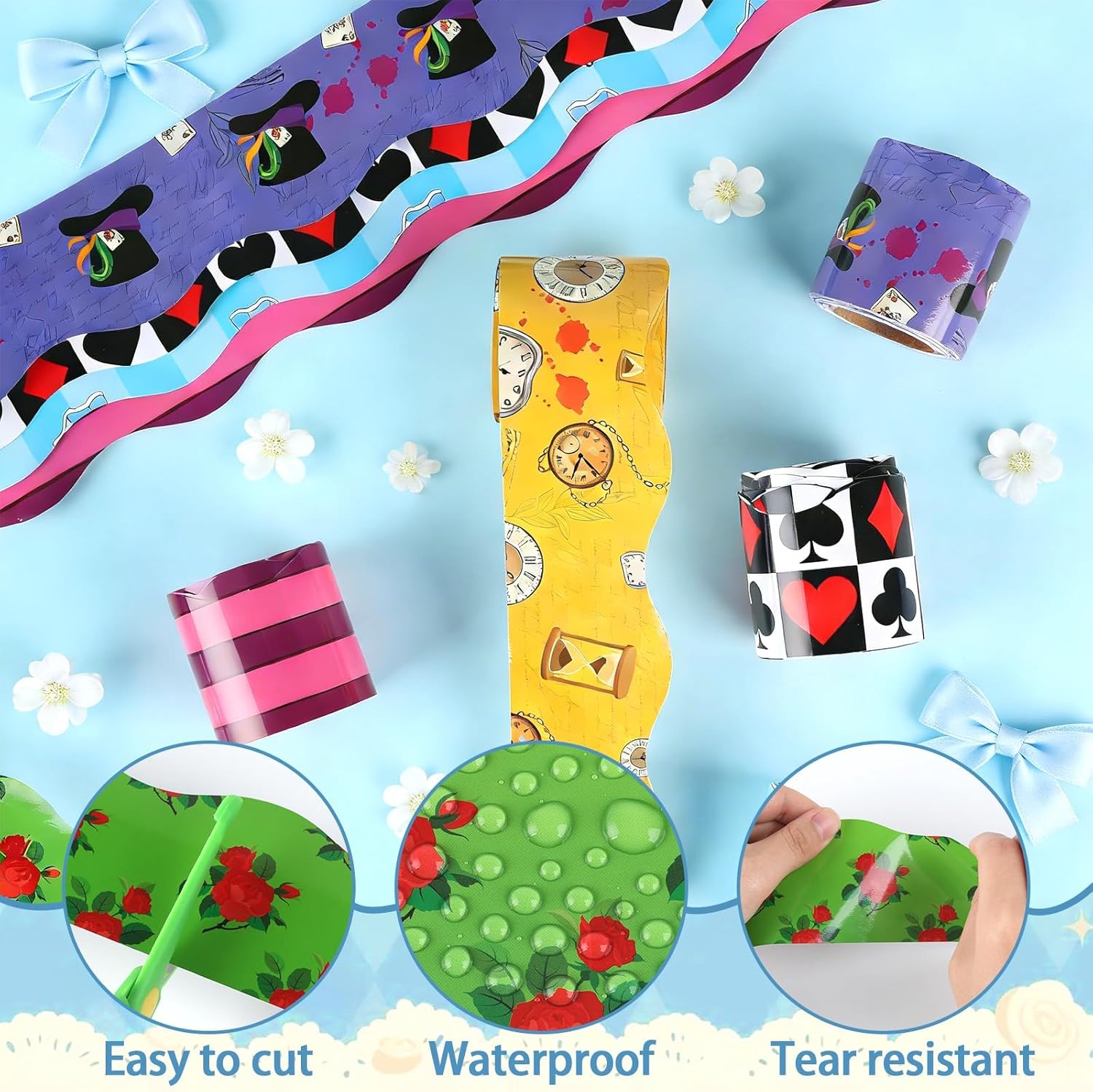 196ft Tea Party Bulletin Board Borders 6 Rolls Wonderland Theme Classroom Bulletin Board Border Decorations Playing Card Border Scalloped Trim for Back to School Party Office Chalkboard Decor
