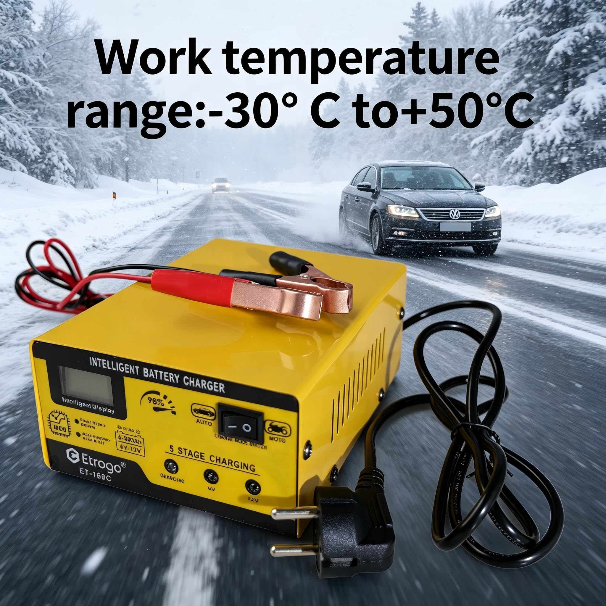 Etrogo Chargeur de Batterie 12V 6V 1A-15A Intelligent Entièrement Automatique Chargeur d'impulsions avec écran à Barre LED pour Voiture Moto