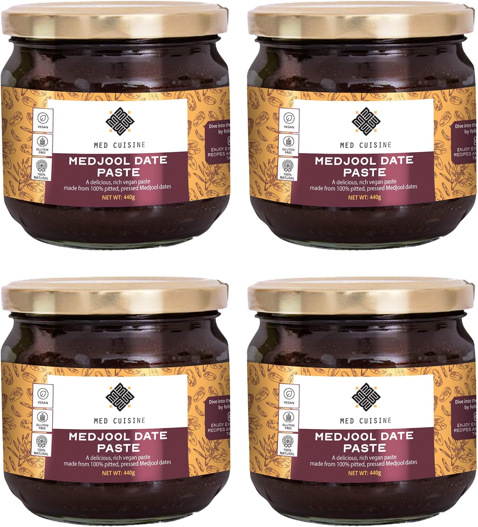 Med Cuisine Premium Medjool Date Paste (440GR X 4) - 100% Pitted Medjool Dates Paste, Vegan, Plant Based, No Preservatives, Good Source of Fiber and Kosher