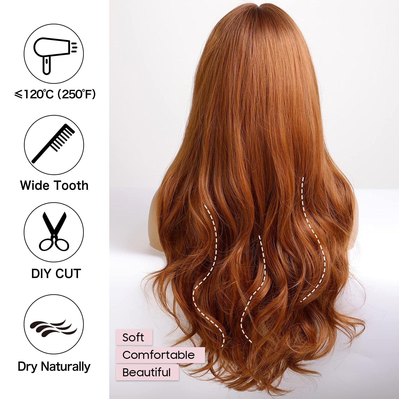 EMMOR Perruques Ombré Auburn pour Femmes Perruque Longue et Bouclée avec Frange en Fibres Synthétiques Résistantes à la Chaleur Perruques Quotidiennes d'Aspect Naturel