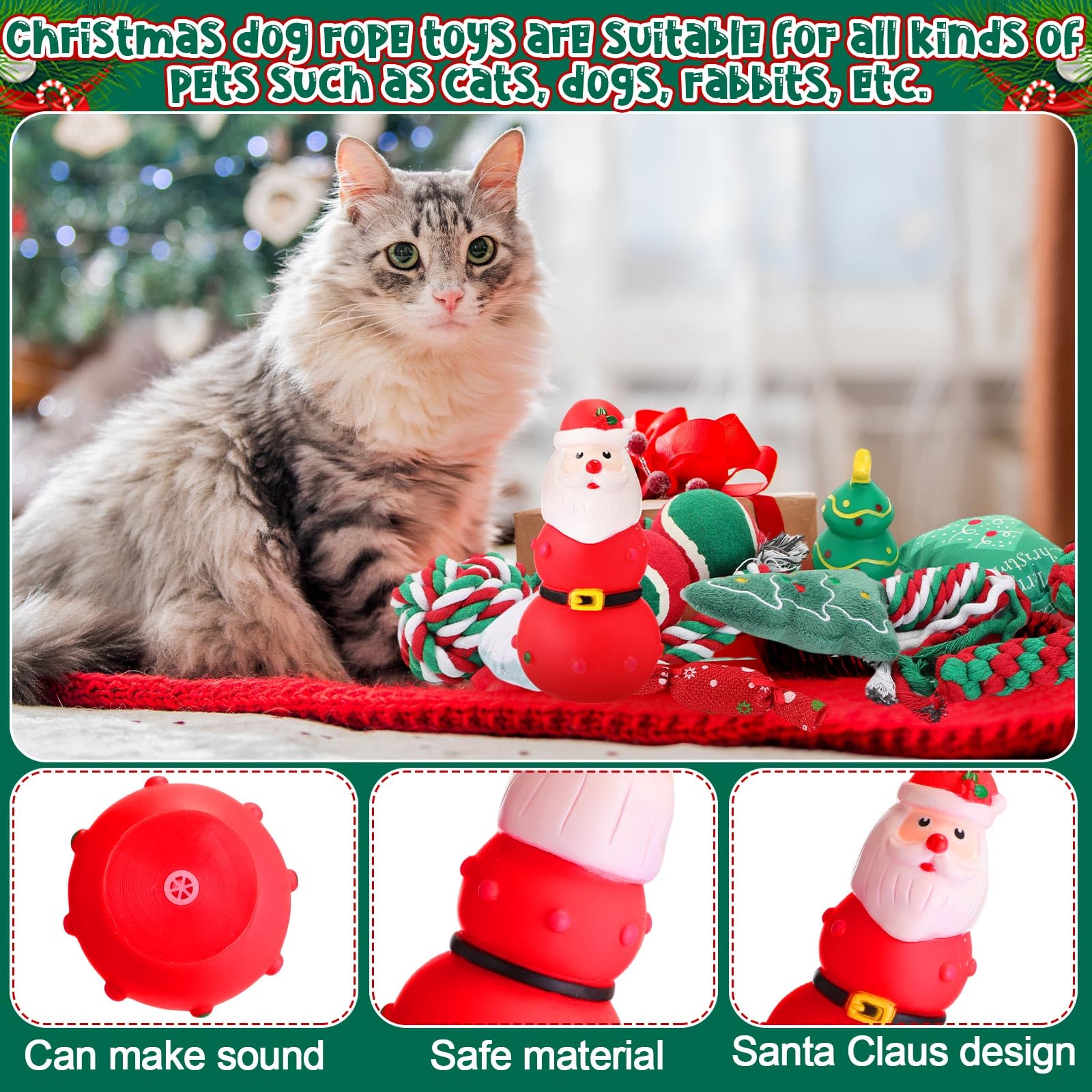 Lot de 16 jouets de Noël pour chien - Jouets couineurs en corde à mâcher pour chiens de petite, moyenne et grande taille - Cadeau de dentition