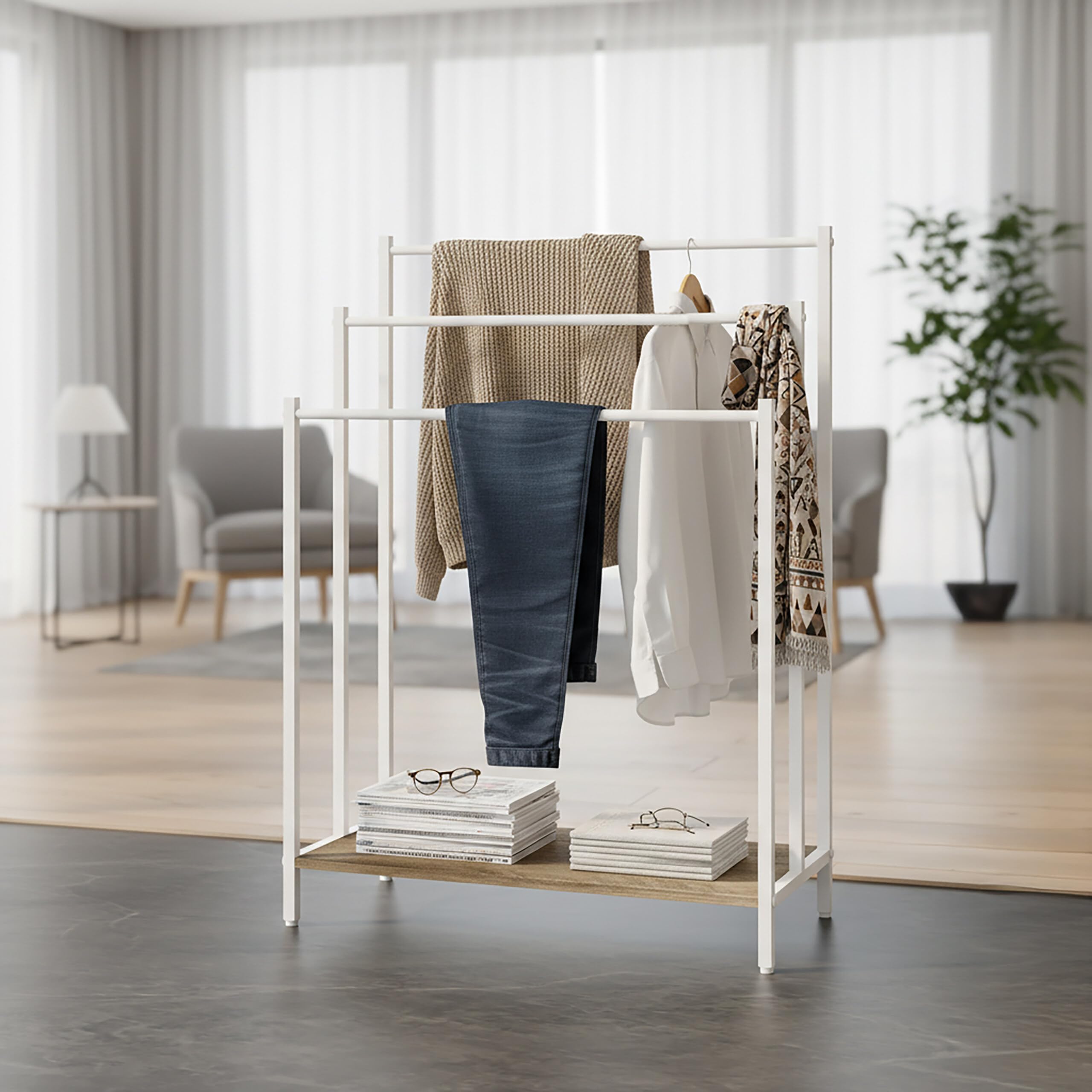 Relaxdays Porta Asciugamani con ripiano, Effetto Legno, 3 Barre, HxLxP: 81x60x28 cm, Naturale/Bianco