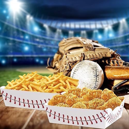 Miniatura 6 de 50 bandejas de papel para fiesta de béisbol, suministros temáticos de béisbol, soporte para aperitivos y dulces, bandeja para servir para